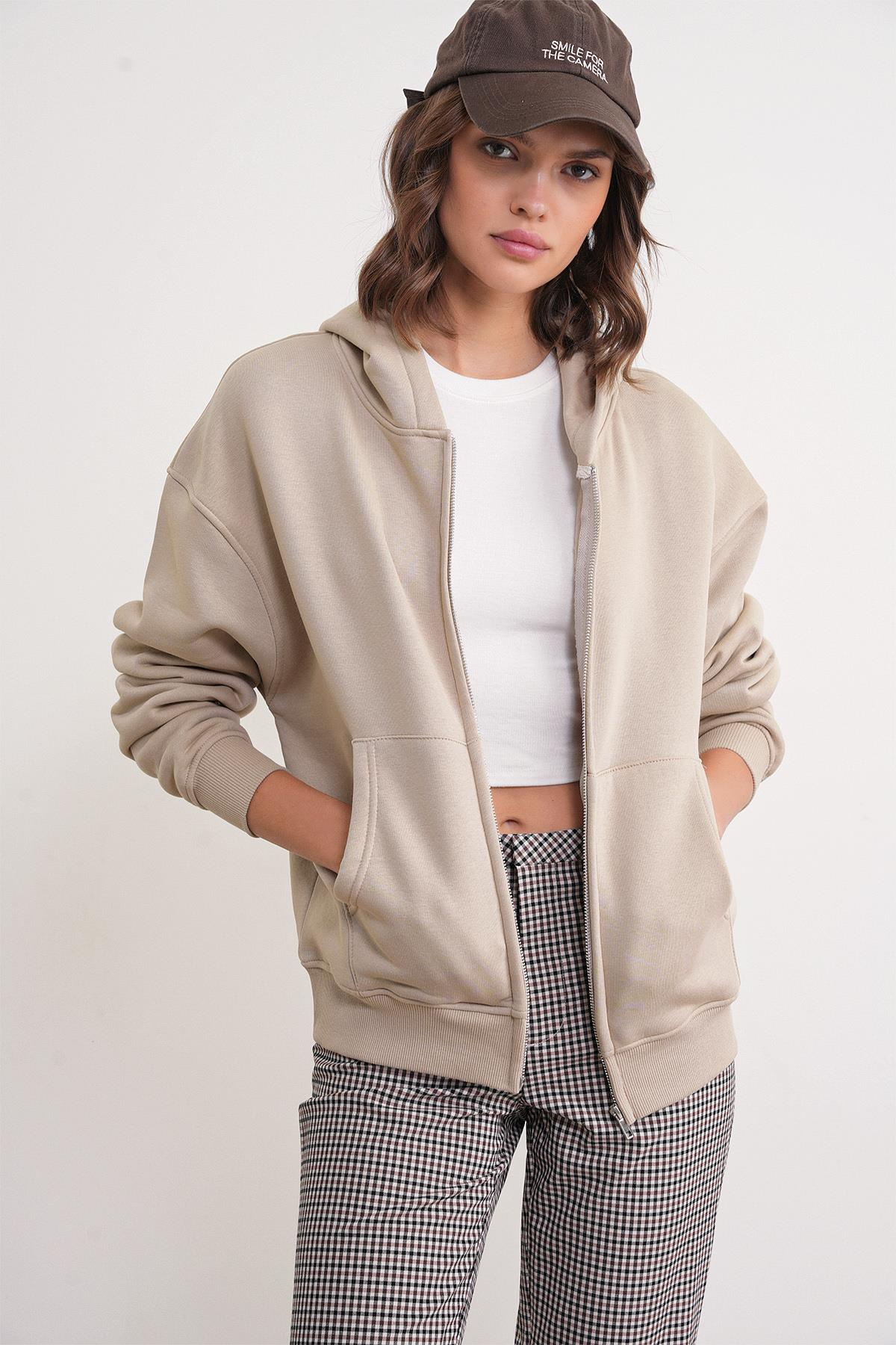 2023 Unisex 3İplik Basic Polarlı Fermuarlı Sweatshirt Hoodie Bej
