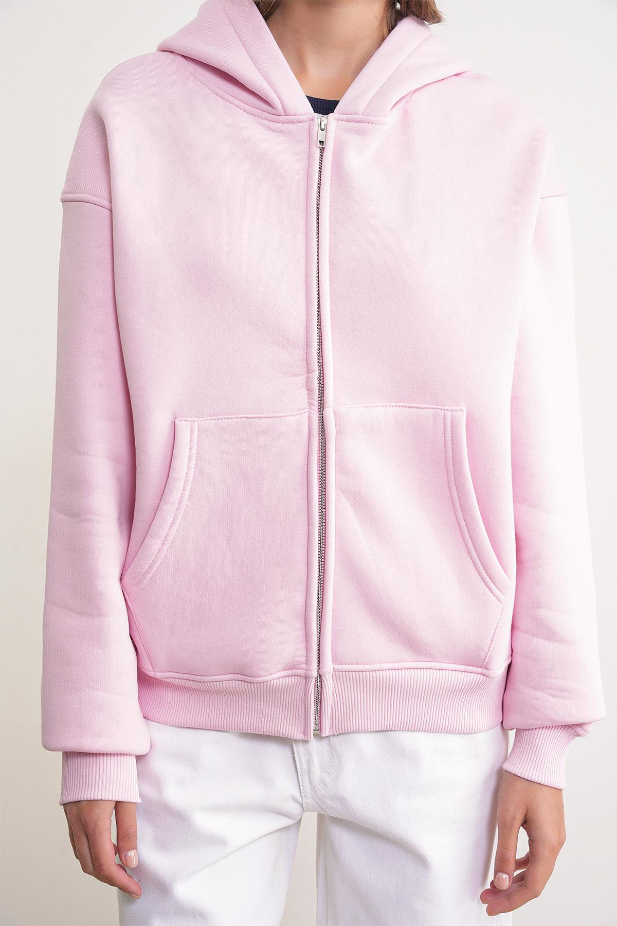 2023 Unisex 3İplik Basic Polarlı Fermuarlı Sweatshirt Hoodie Pembe