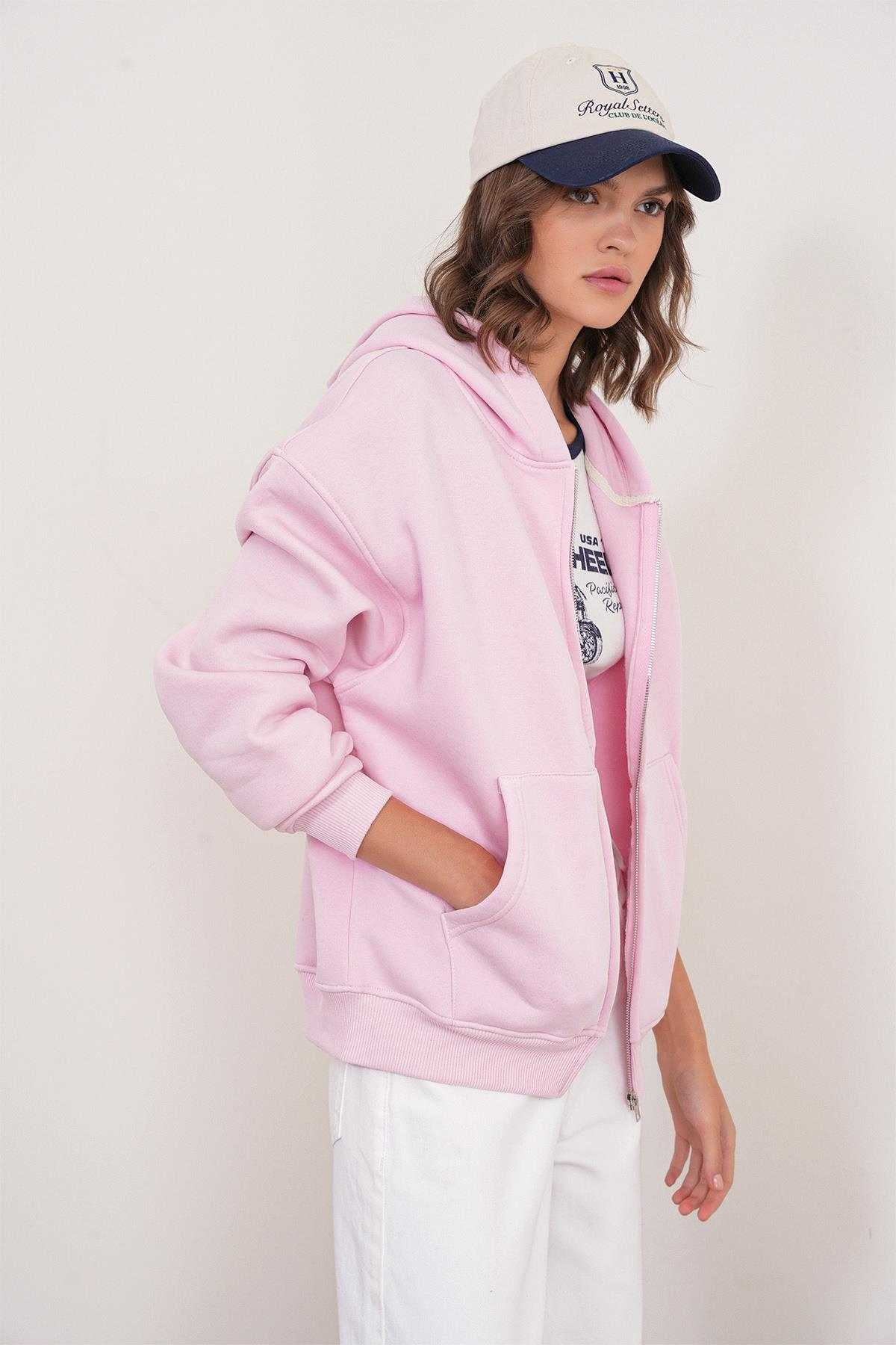 2023 Unisex 3İplik Basic Polarlı Fermuarlı Sweatshirt Hoodie Pembe