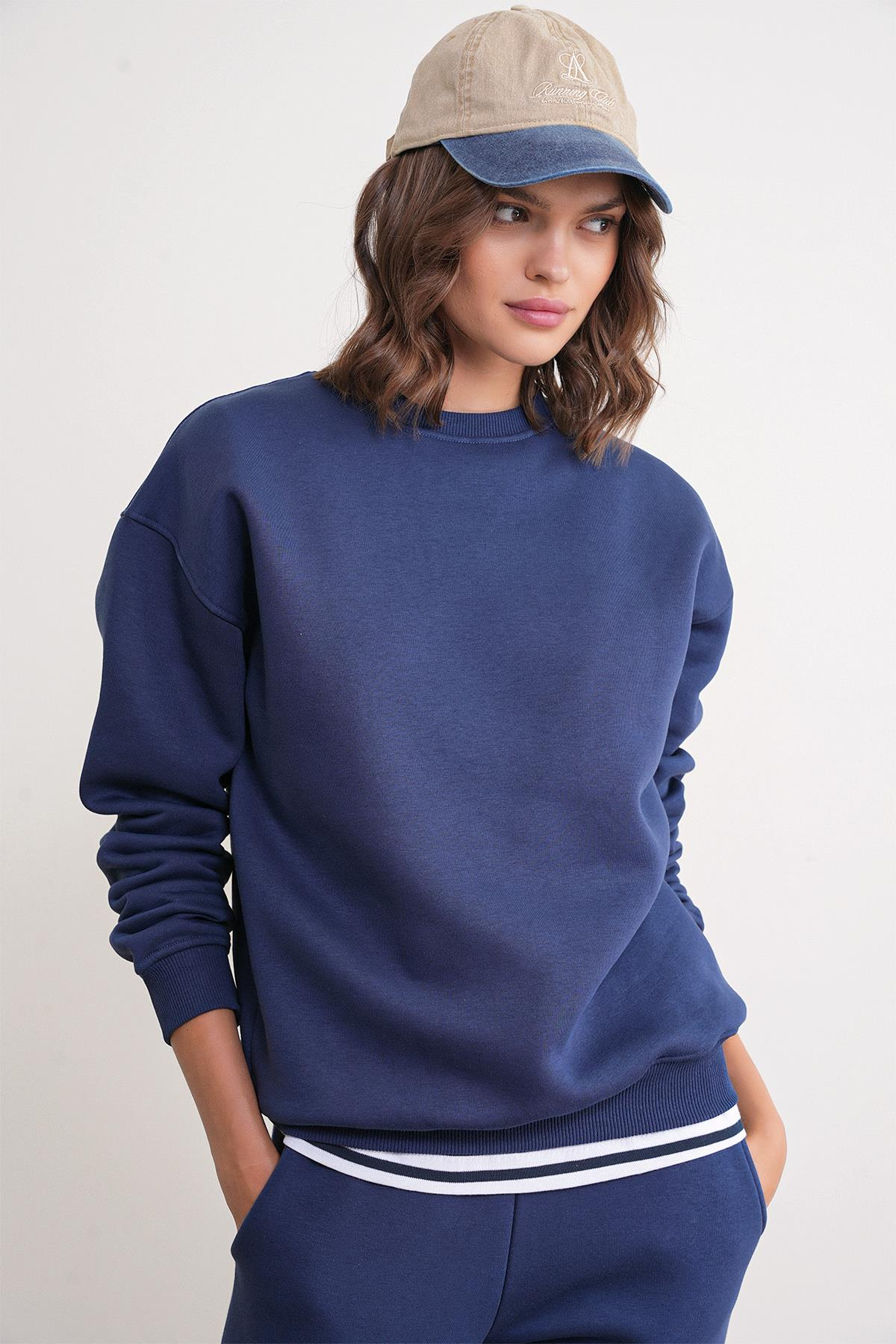 2024 Kadın %100 Pamuk 3 İplik İçi Polarlı Alt Üst Takım Lacivert