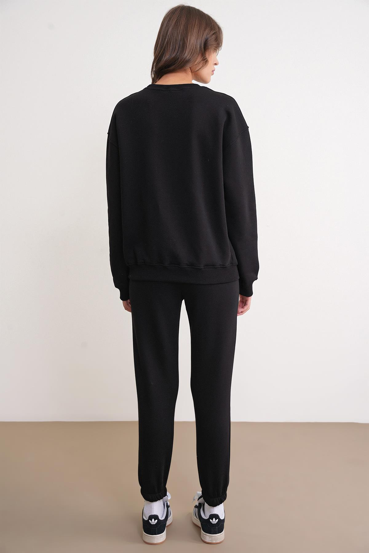 2024 Kadın %100 Pamuk 3 İplik İçi Polarlı Alt Üst Takım Siyah