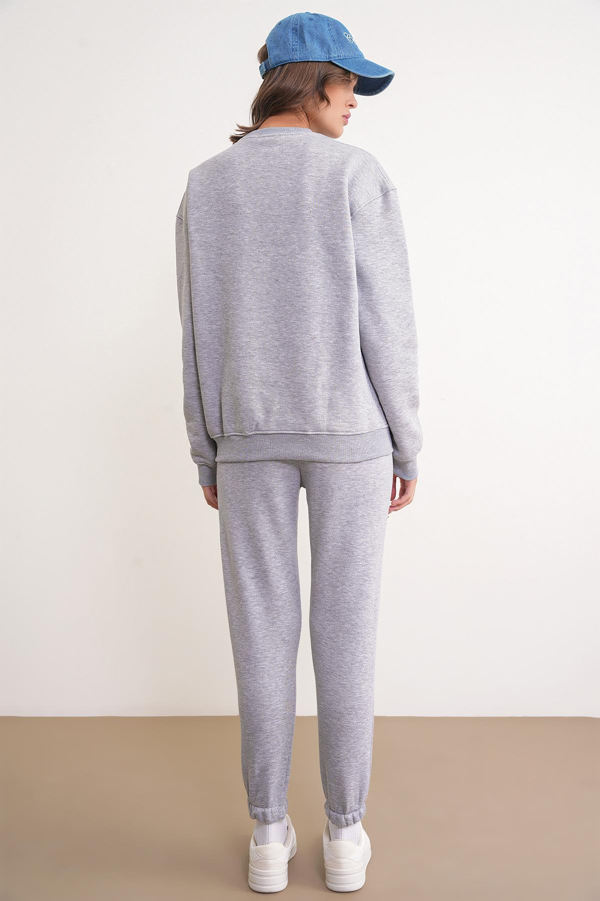2024 Kadın %100 Pamuk 3 İplik İçi Polarlı Alt Üst Takım Gri