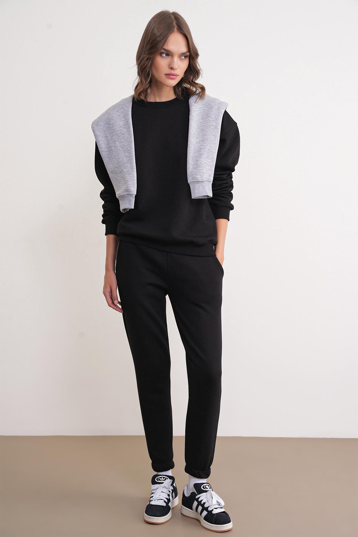 2024 Kadın %100 Pamuk 3 İplik İçi Polarlı Alt Üst Takım Siyah