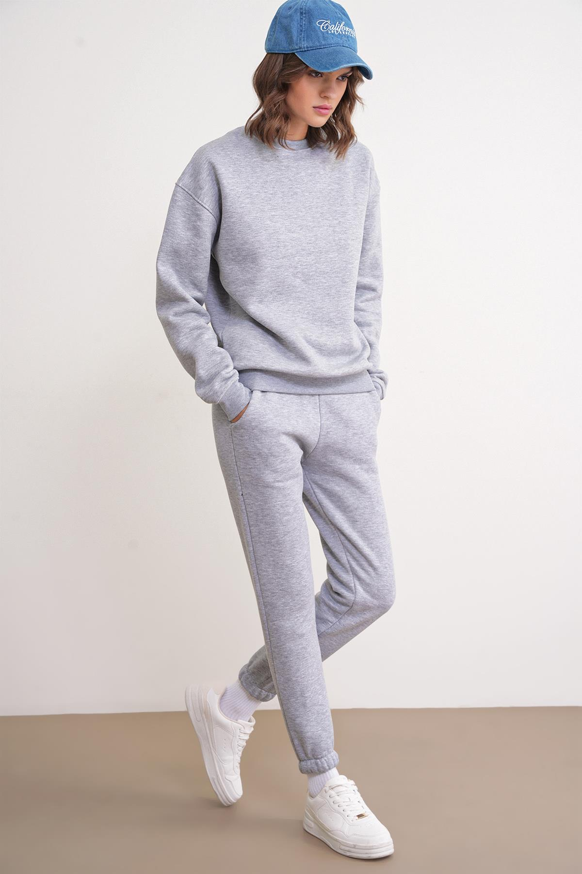 2024 Kadın %100 Pamuk 3 İplik İçi Polarlı Alt Üst Takım Gri