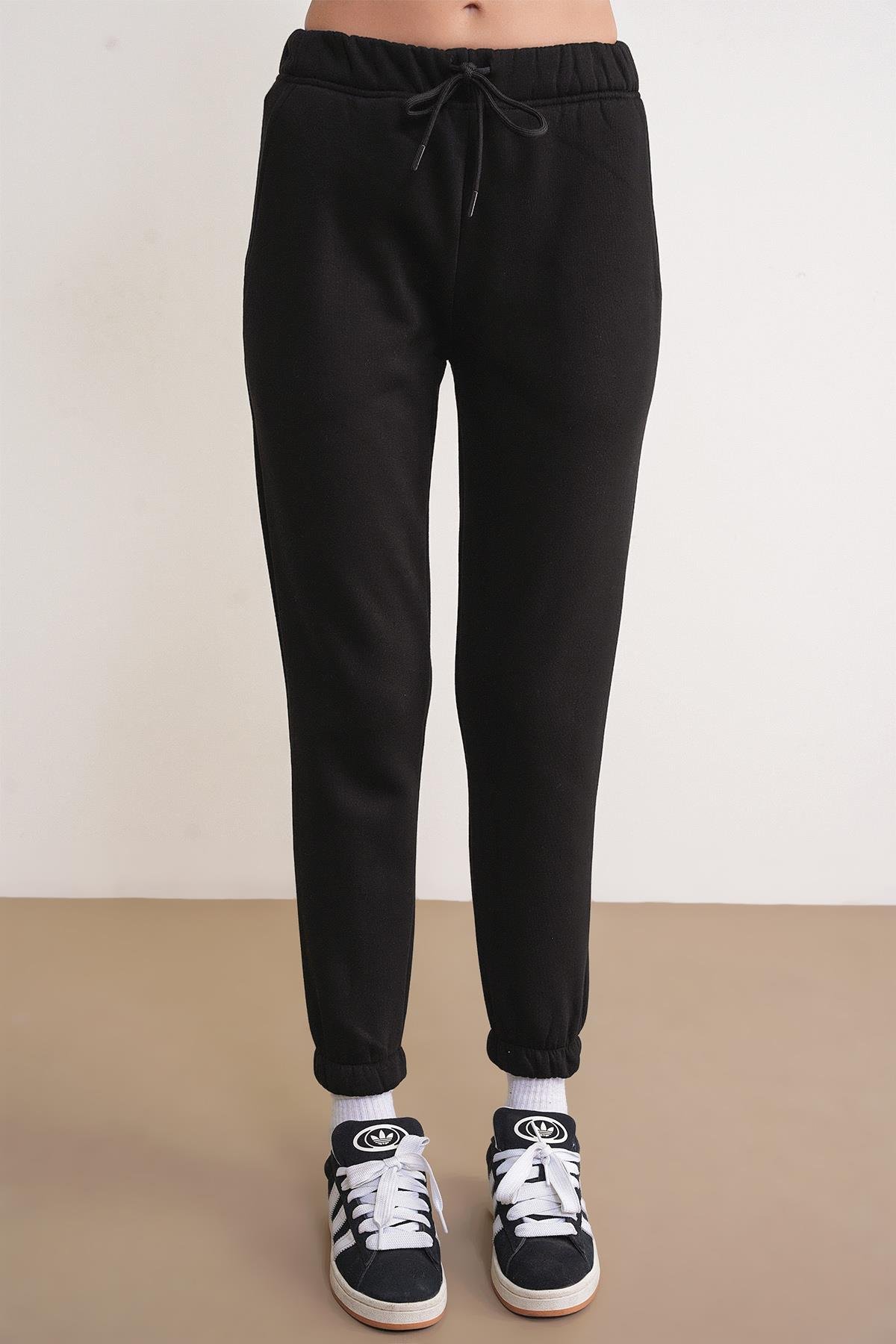 2024 Kadın %100 Pamuk 3 İplik İçi Polarlı Alt Üst Takım Siyah