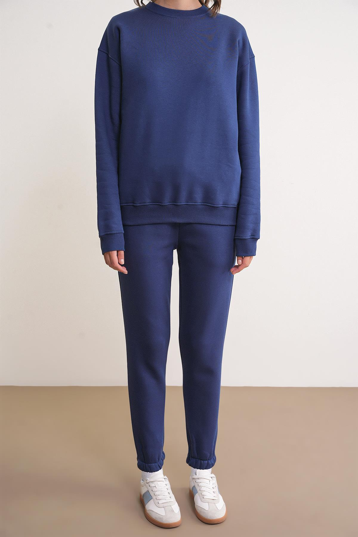 2024 Kadın %100 Pamuk 3 İplik İçi Polarlı Alt Üst Takım Lacivert