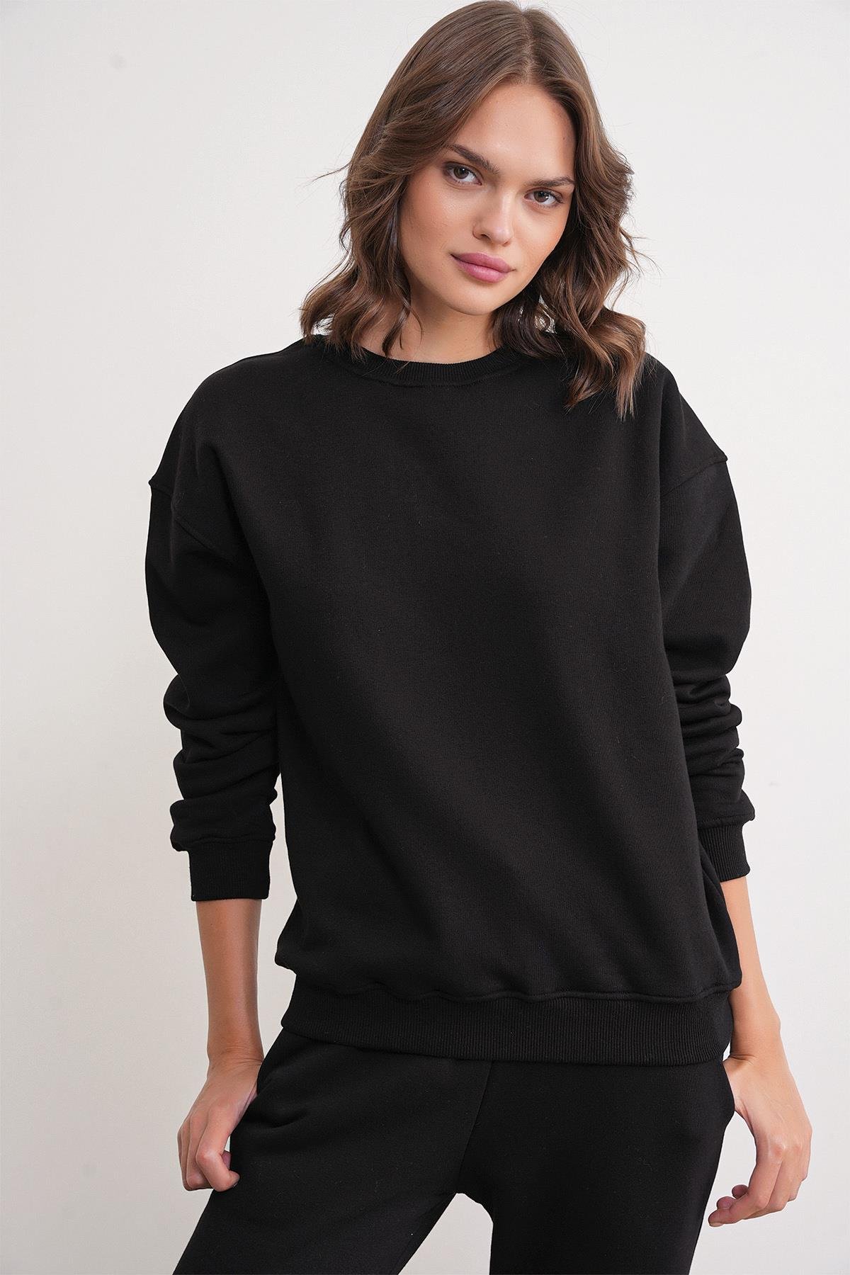 2024 Kadın %100 Pamuk 3 İplik İçi Polarlı Alt Üst Takım Siyah