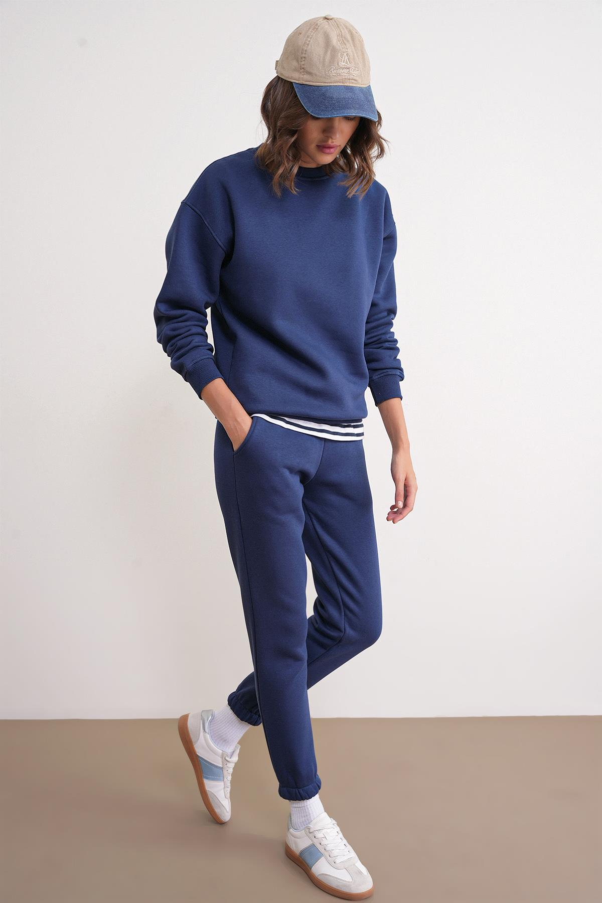 2024 Kadın %100 Pamuk 3 İplik İçi Polarlı Alt Üst Takım Lacivert