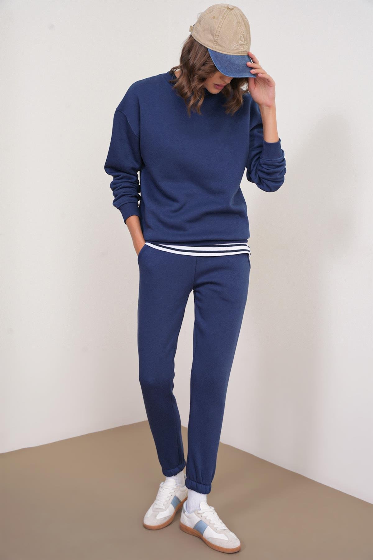 2024 Kadın %100 Pamuk 3 İplik İçi Polarlı Alt Üst Takım Lacivert