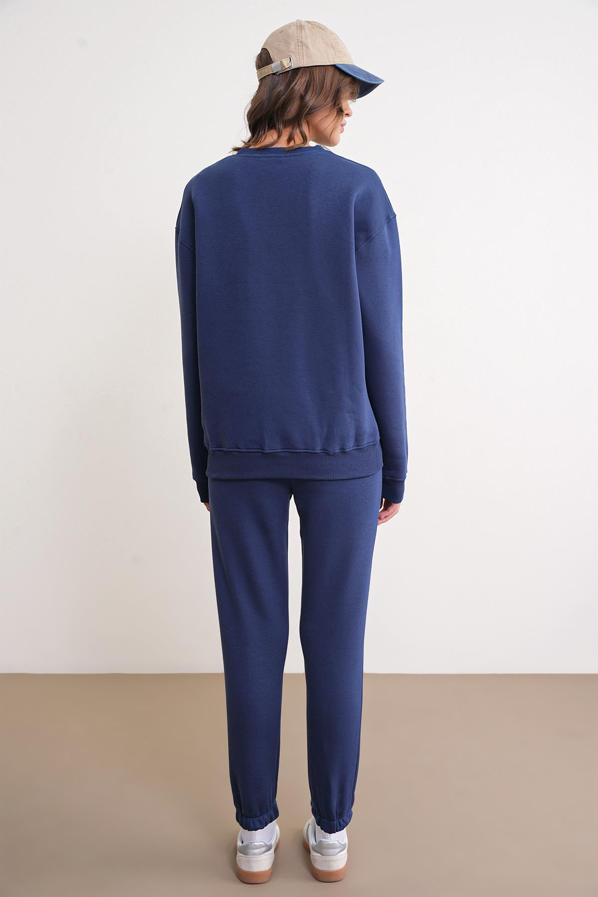 2024 Kadın %100 Pamuk 3 İplik İçi Polarlı Alt Üst Takım Lacivert