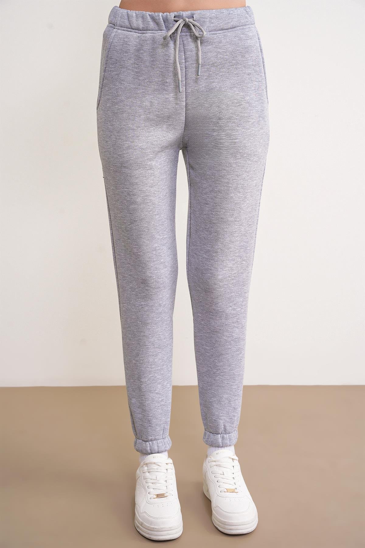 2024 Kadın %100 Pamuk 3 İplik İçi Polarlı Alt Üst Takım Gri
