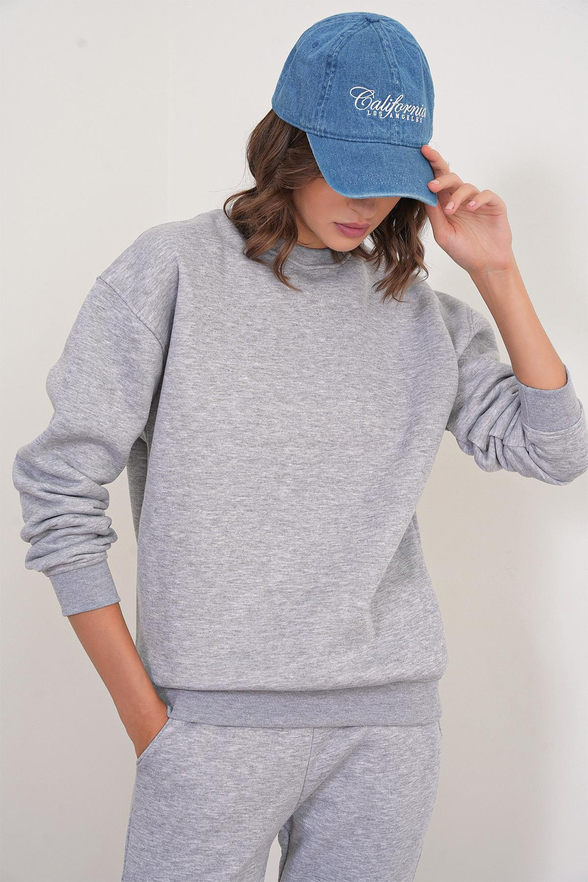 2024 Kadın %100 Pamuk 3 İplik İçi Polarlı Alt Üst Takım Gri