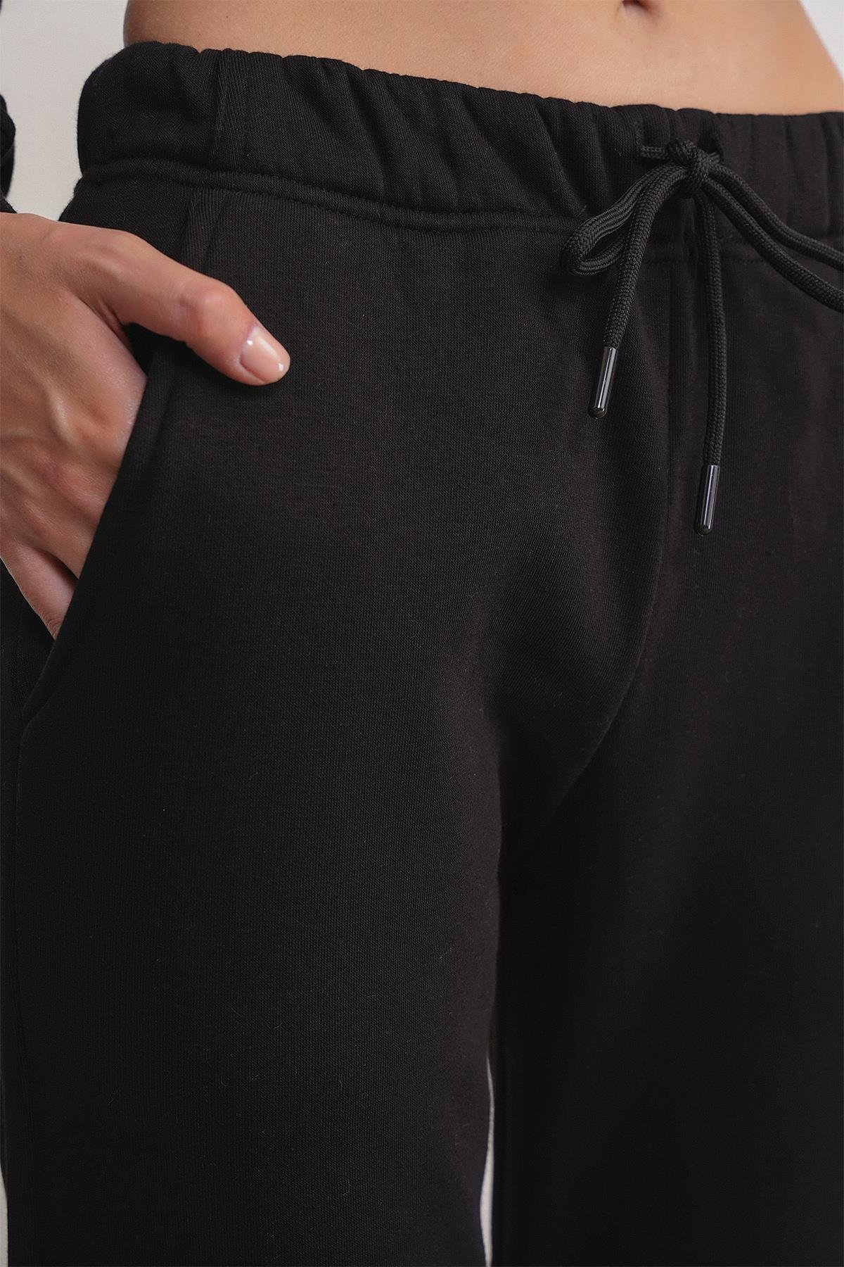 2024 Kadın %100 Pamuk 3 İplik İçi Polarlı Alt Üst Takım Siyah