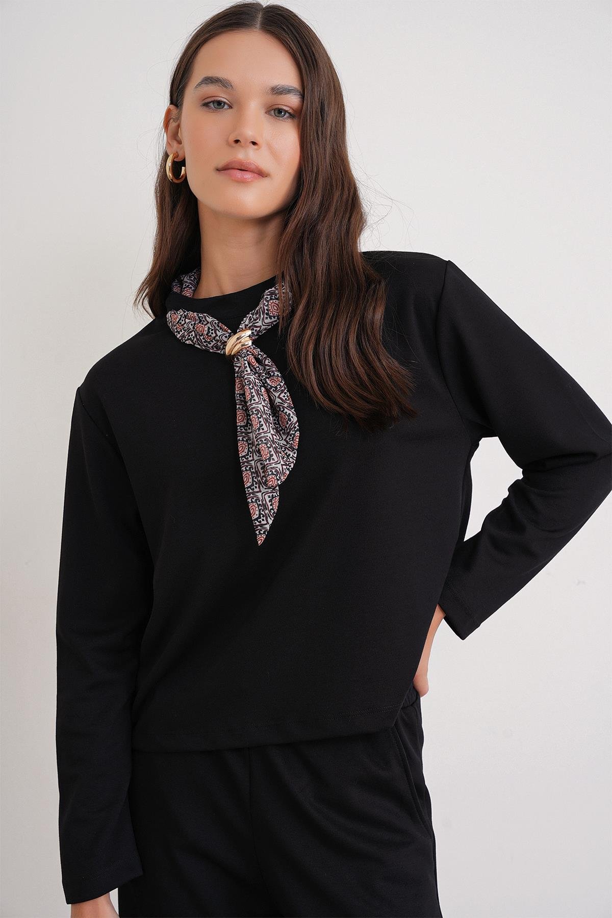 2026 Kadın Fular Detaylı Modal Alt Üst Eşofman Takım Siyah