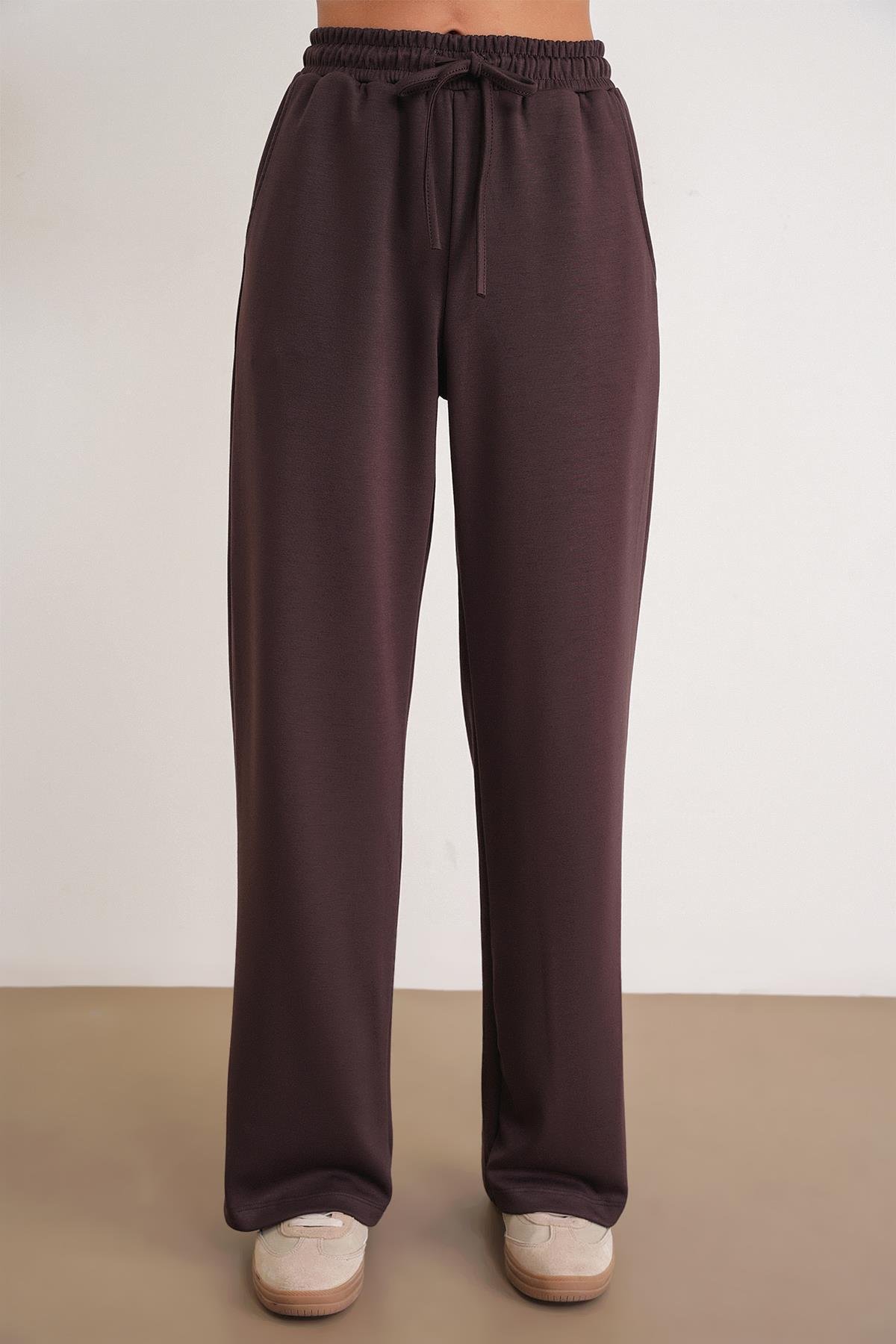 2026 Kadın Fular Detaylı Modal Alt Üst Eşofman Takım Kahve