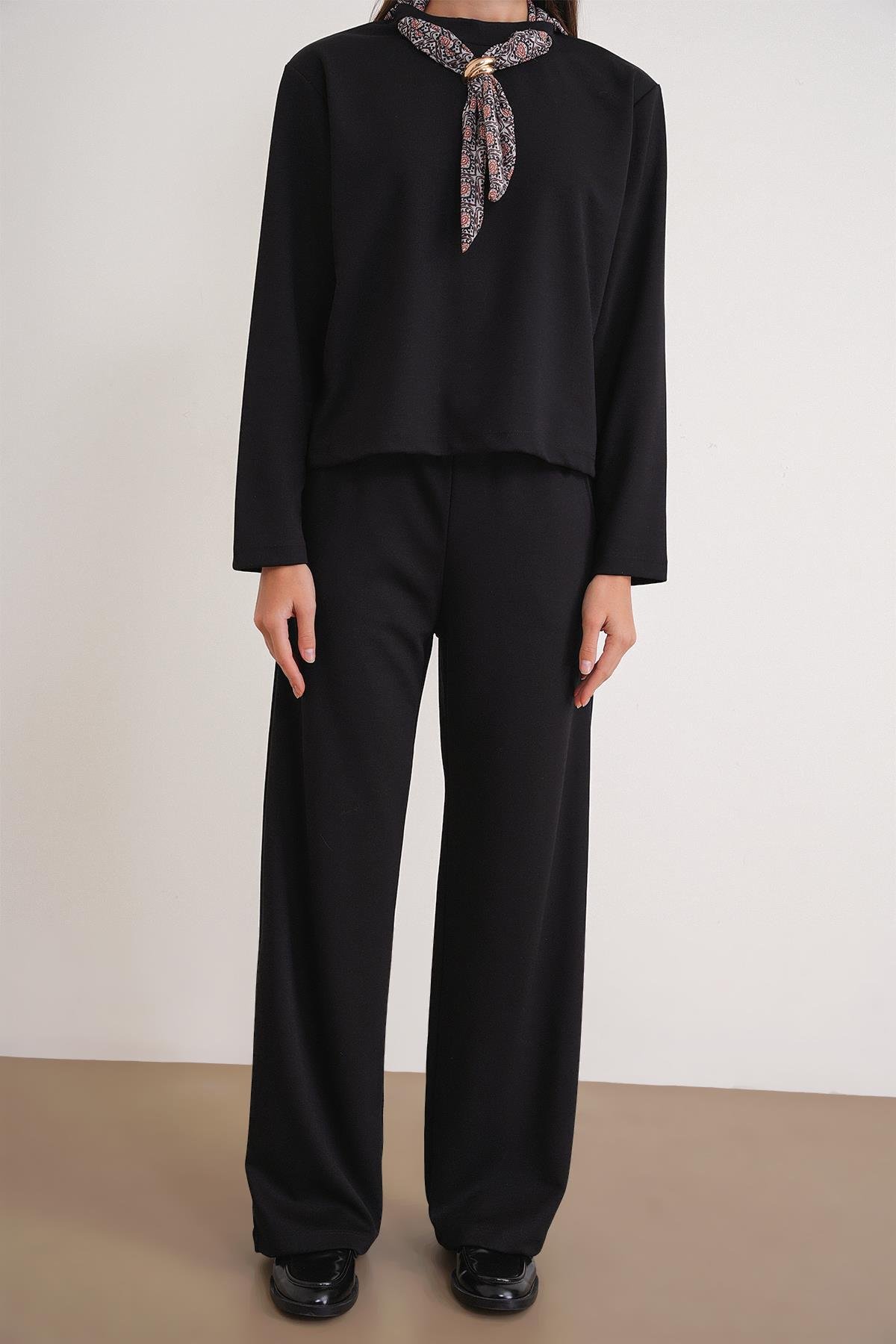 2026 Kadın Fular Detaylı Modal Alt Üst Eşofman Takım Siyah