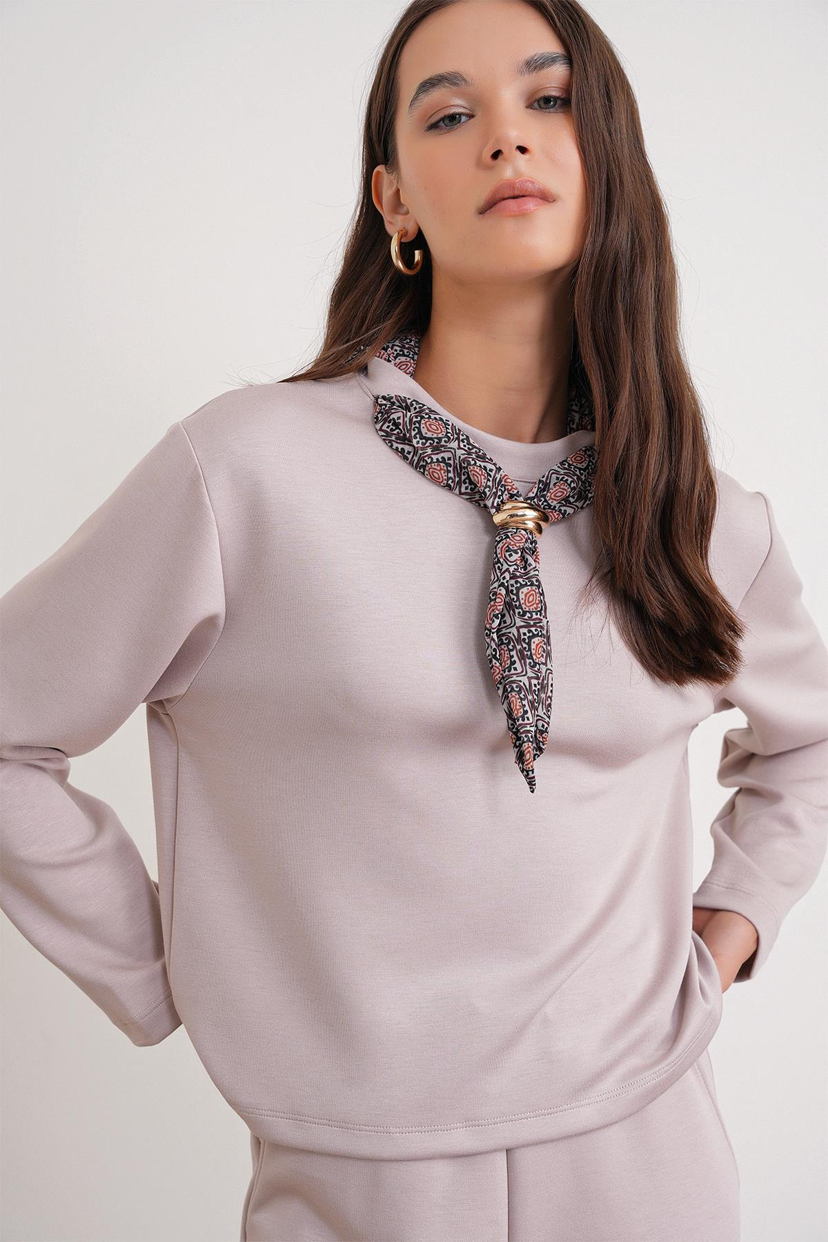 2026 Kadın Fular Detaylı Modal Alt Üst Eşofman Takım Bej