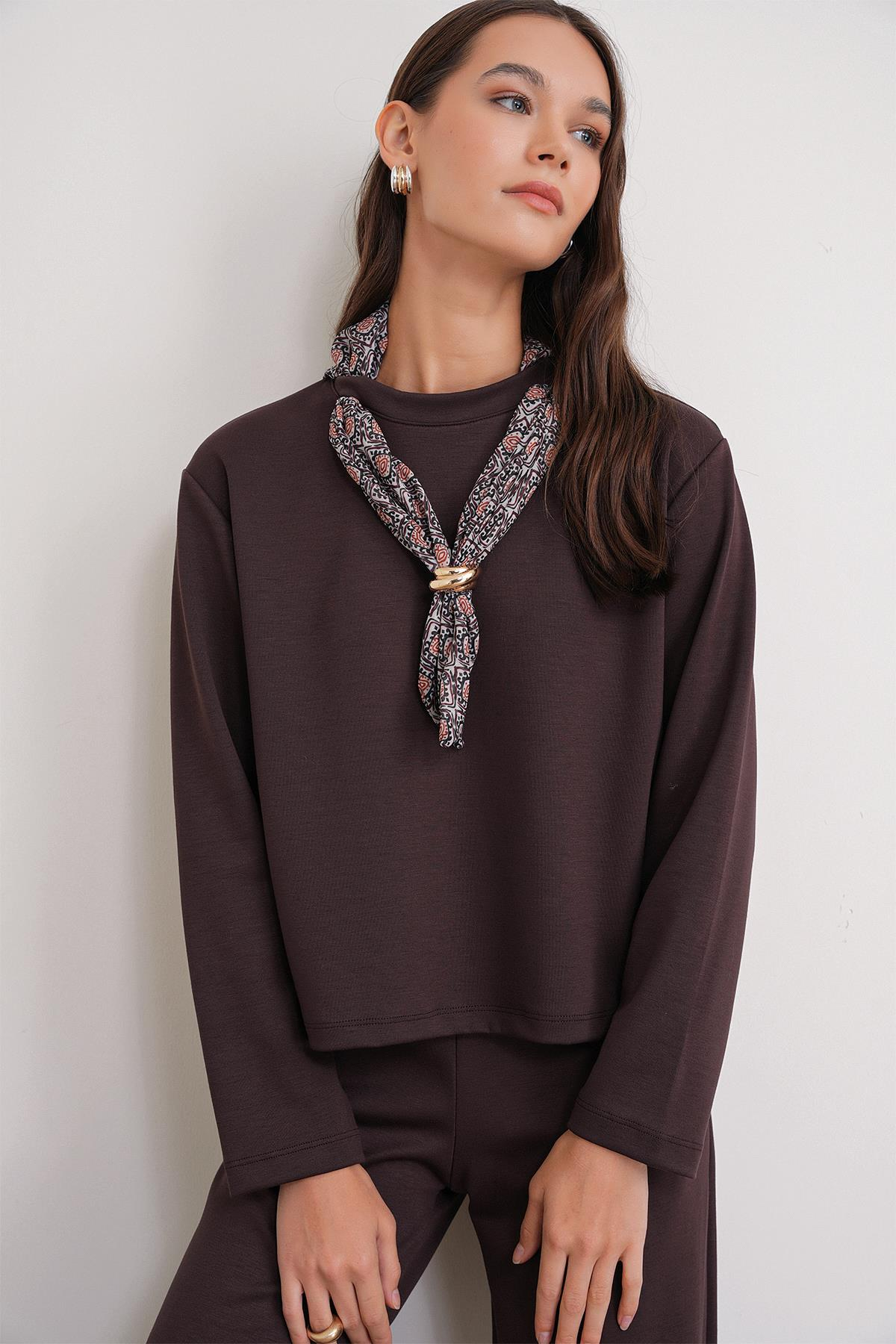 2026 Kadın Fular Detaylı Modal Alt Üst Eşofman Takım Kahve