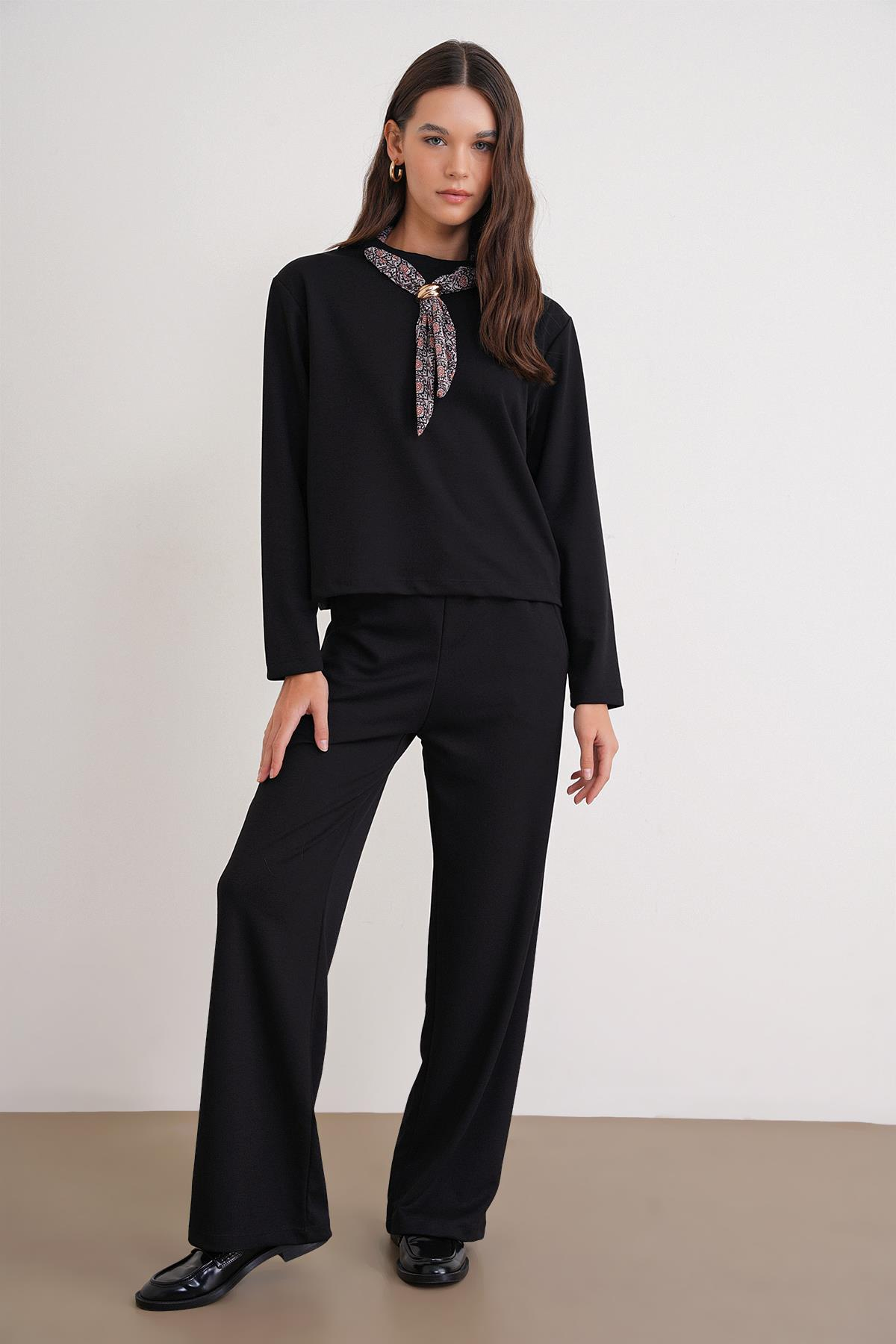 2026 Kadın Fular Detaylı Modal Alt Üst Eşofman Takım Siyah