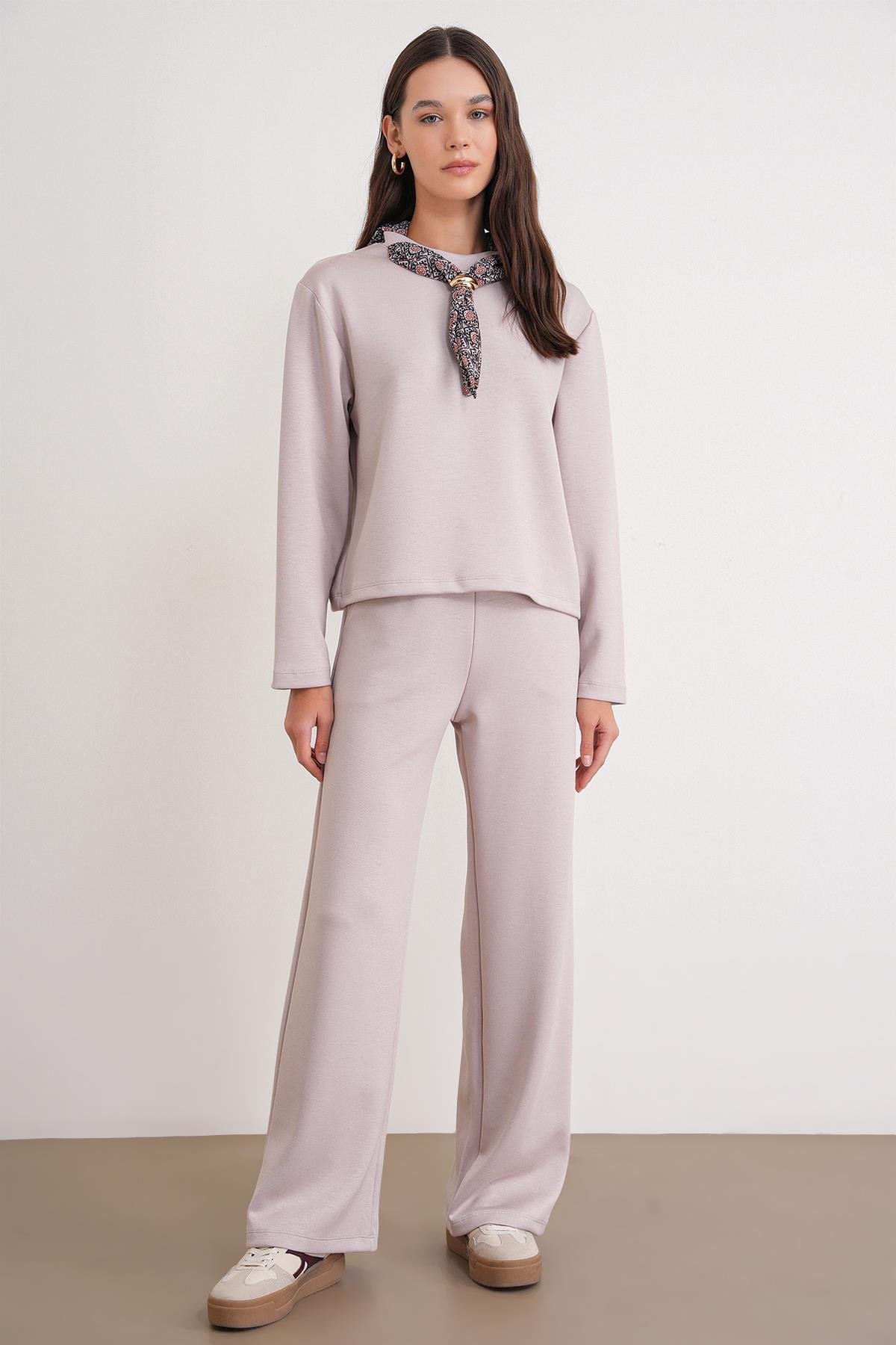 2026 Kadın Fular Detaylı Modal Alt Üst Eşofman Takım Bej