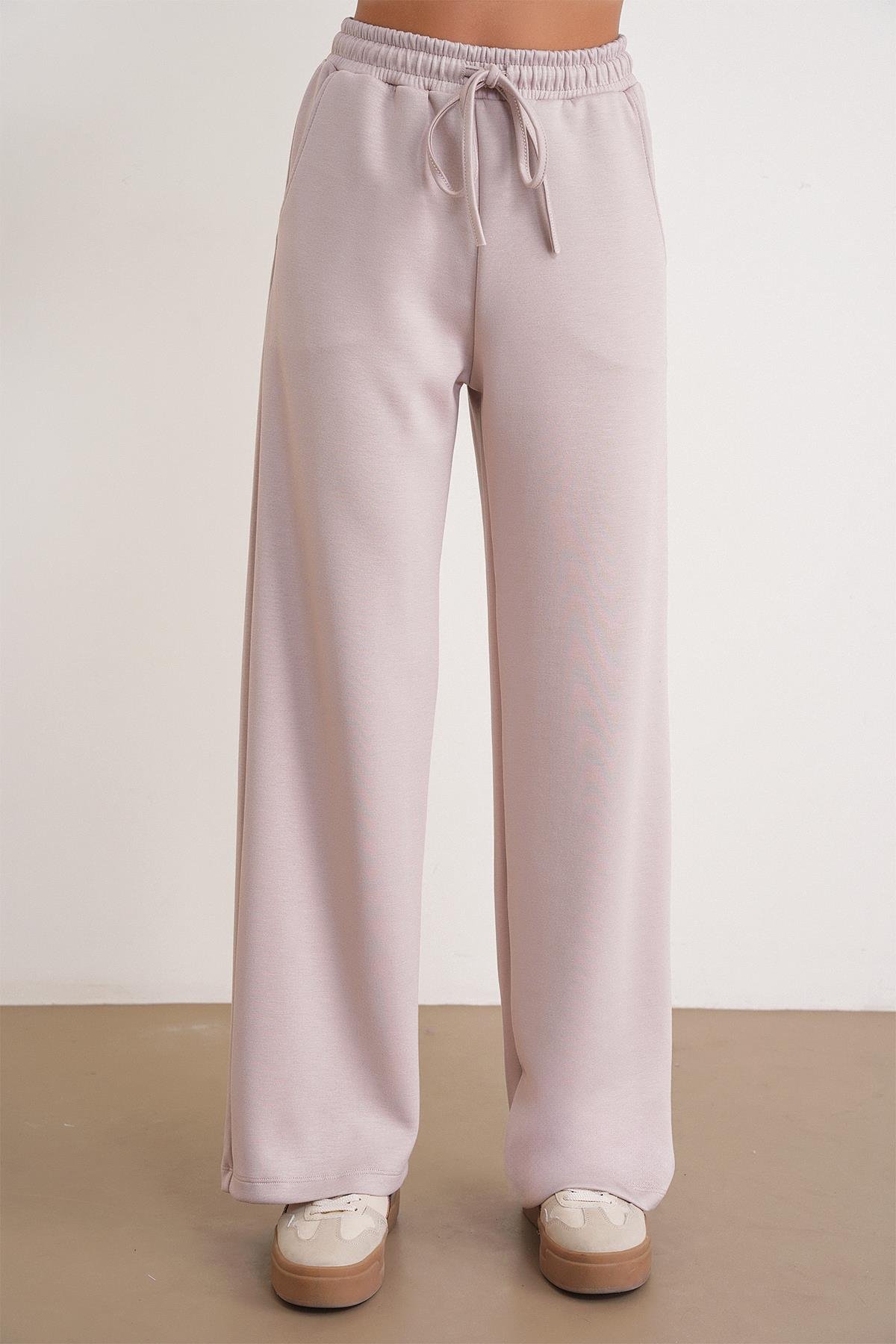 2026 Kadın Fular Detaylı Modal Alt Üst Eşofman Takım Bej