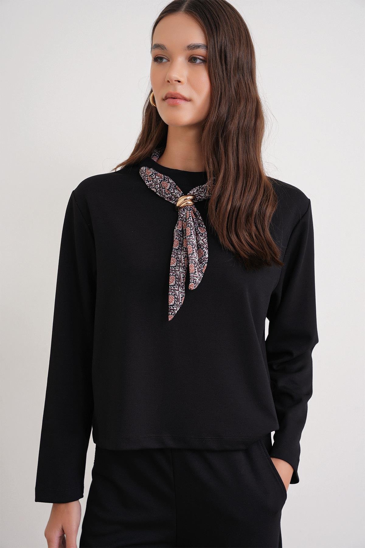 2026 Kadın Fular Detaylı Modal Alt Üst Eşofman Takım Siyah