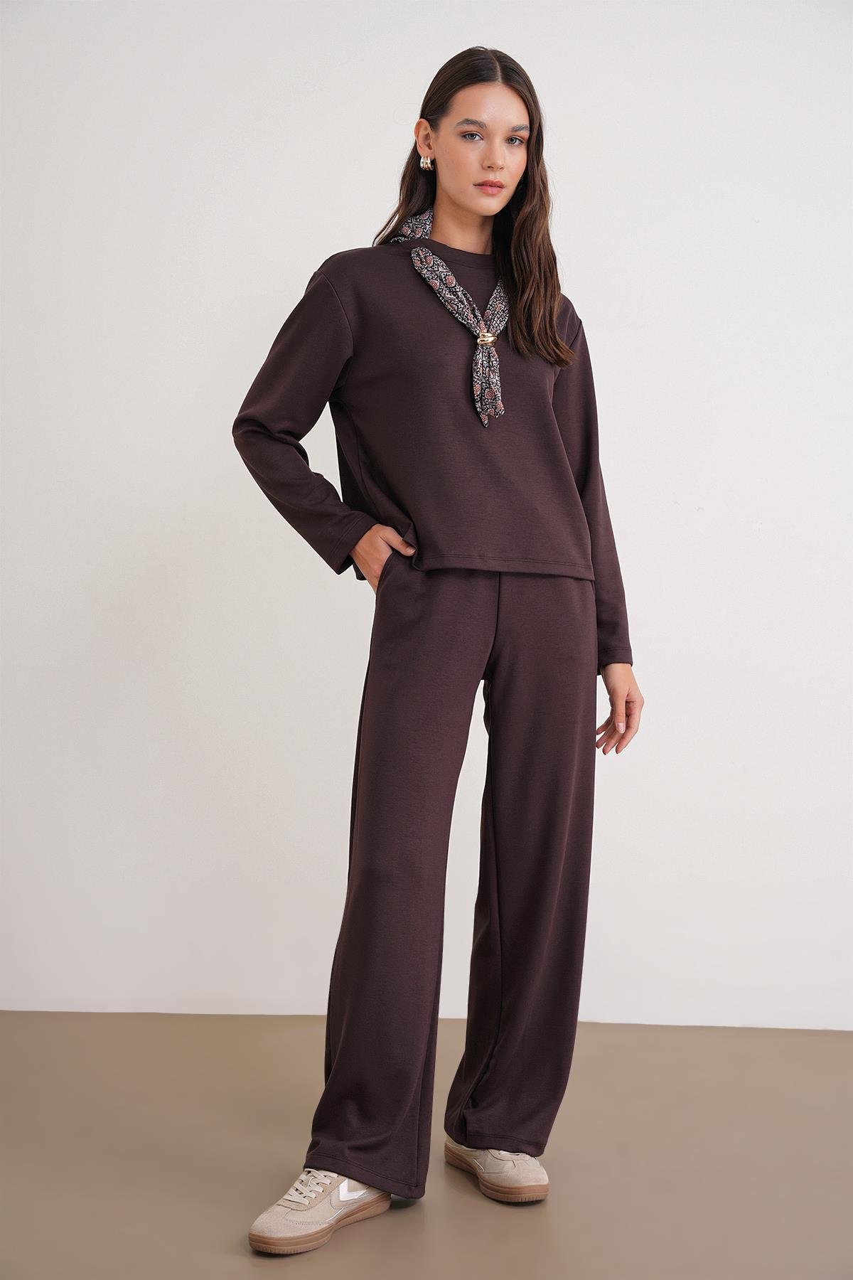 2026 Kadın Fular Detaylı Modal Alt Üst Eşofman Takım Kahve
