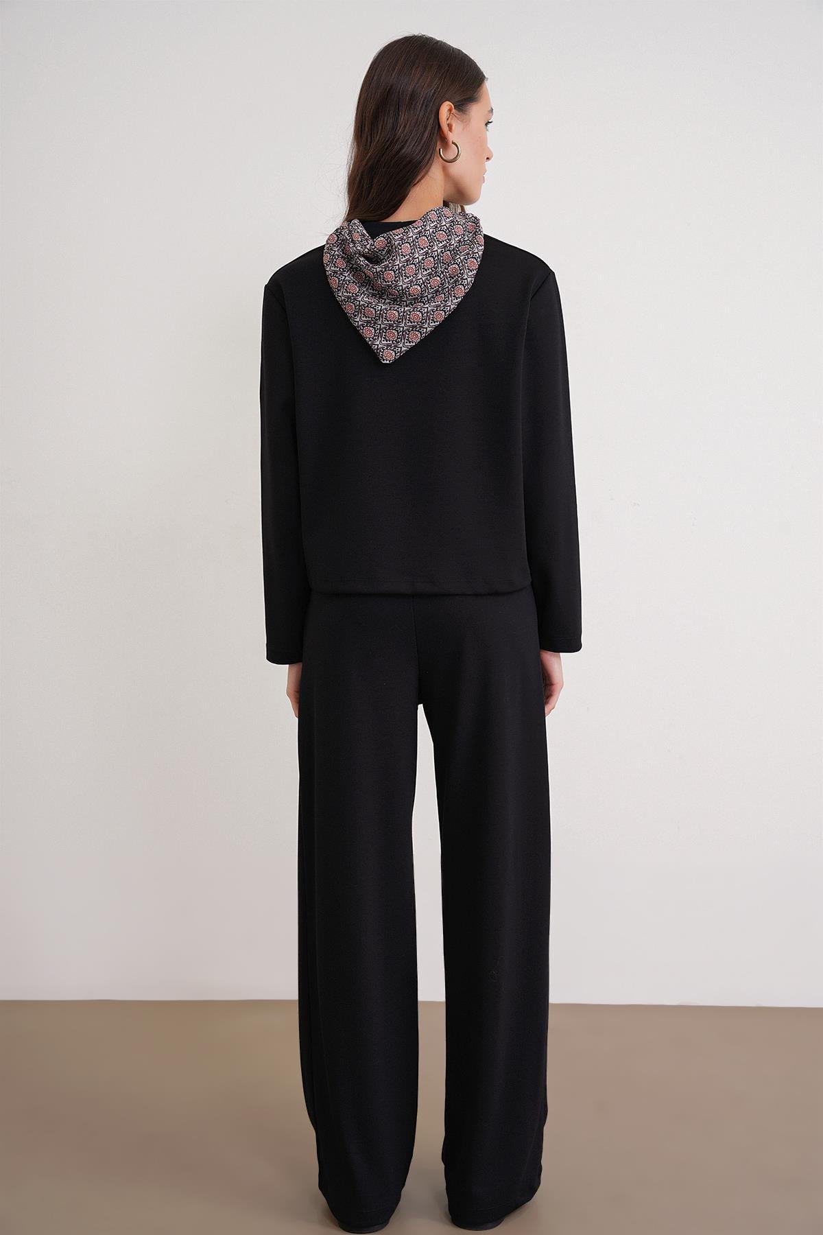 2026 Kadın Fular Detaylı Modal Alt Üst Eşofman Takım Siyah