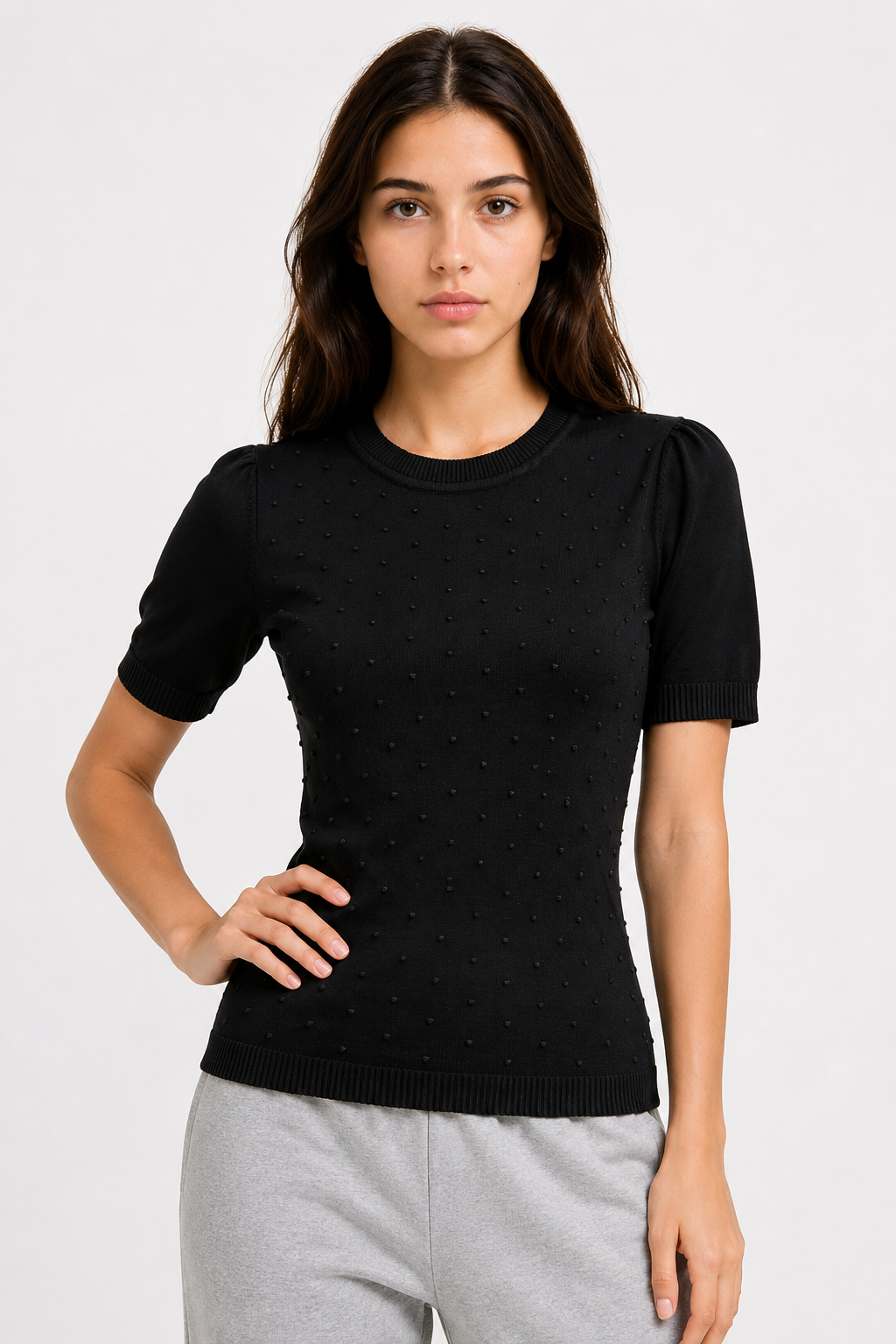 2087 Kadın Kabartma Detaylı Kısa Kollu Triko T-Shirt Siyah