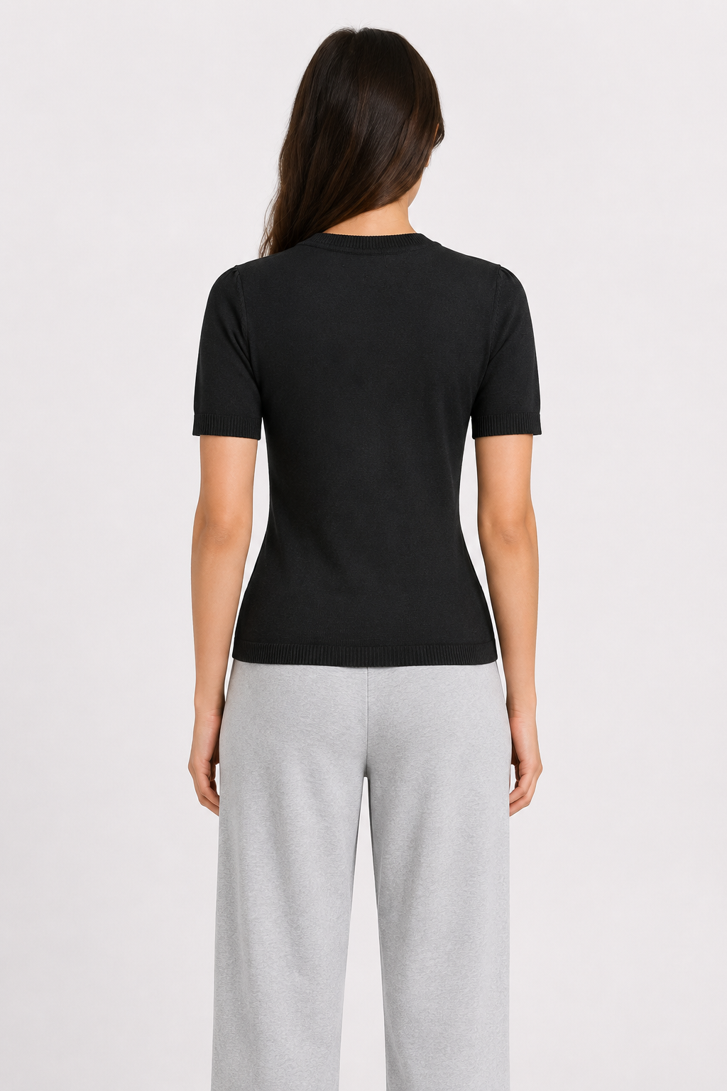 2087 Kadın Kabartma Detaylı Kısa Kollu Triko T-Shirt Siyah
