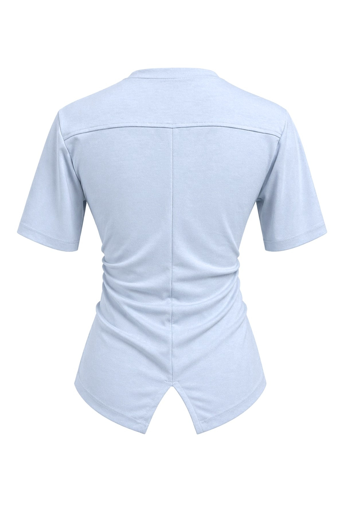 2095 Kadın Büzgü Detaylı Arkası Yırtmaçlı Basic T-Shirt Bebe Mavi