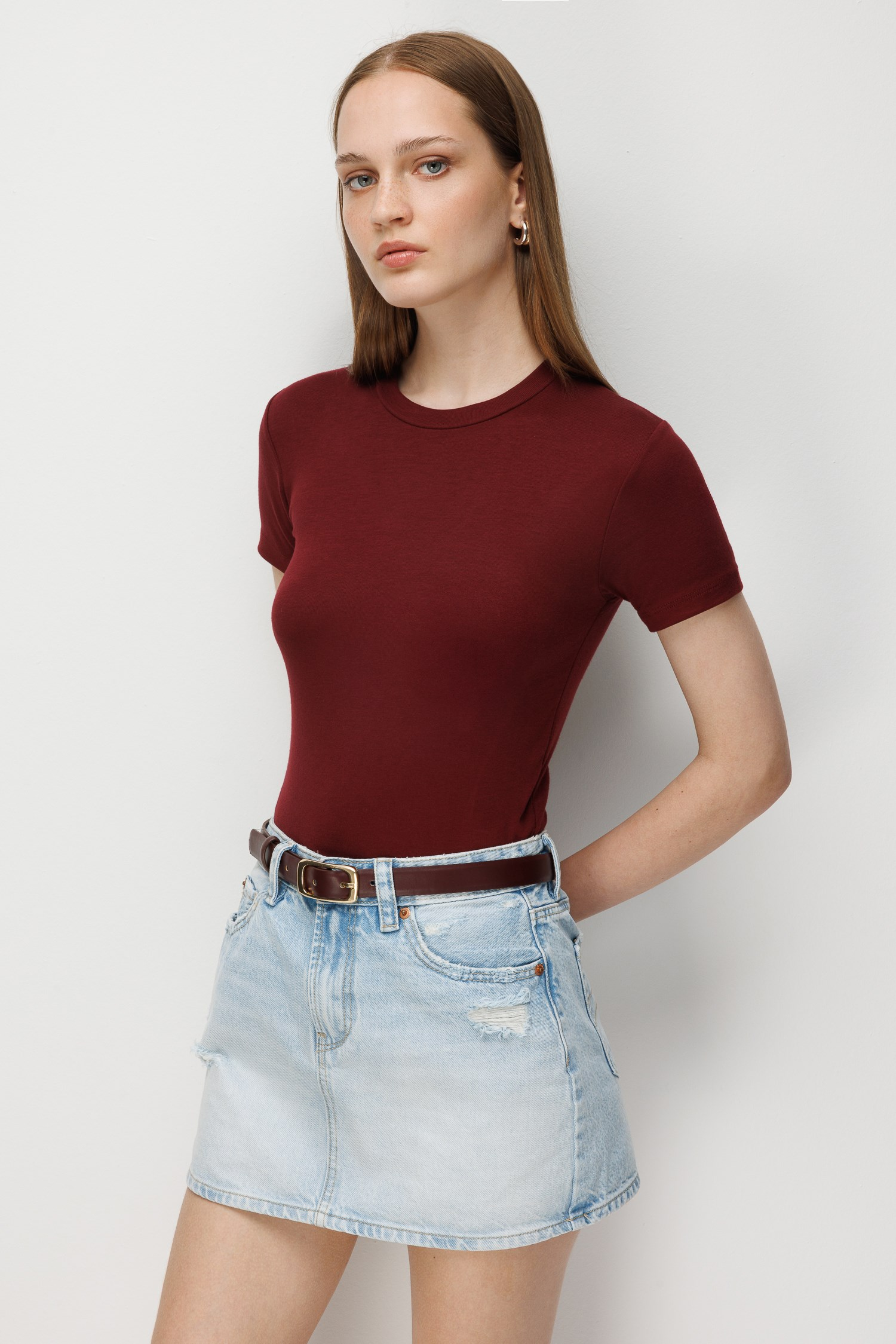 2100 Kadın Slim Fit Bisiklet Yaka Soft Basic T-Shirt Bordo