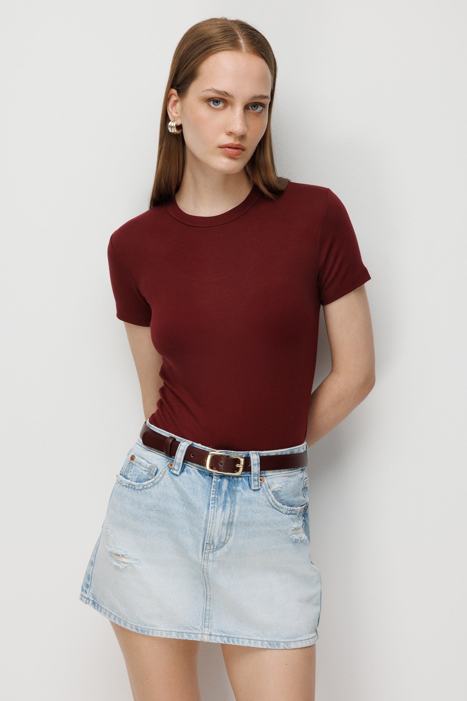 2100 Kadın Slim Fit Bisiklet Yaka Soft Basic T-Shirt Bordo
