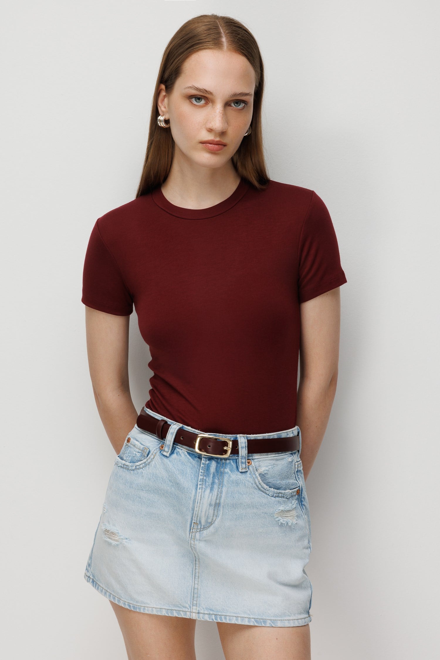 2100 Kadın Slim Fit Bisiklet Yaka Soft Basic T-Shirt Bordo