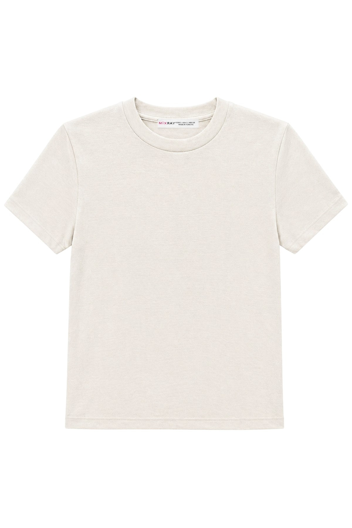 2100 Kadın Slim Fit Bisiklet Yaka Soft Basic T-Shirt Taş