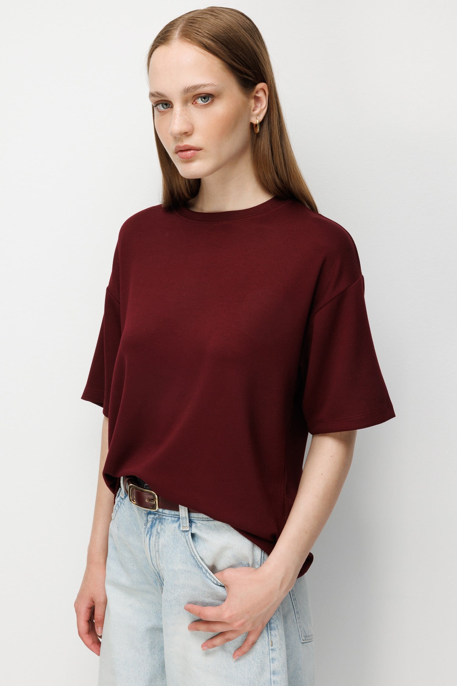 2101 Kadın Bisiklet Yaka Soft Oversize Basic Modal T-Shirt Bordo
