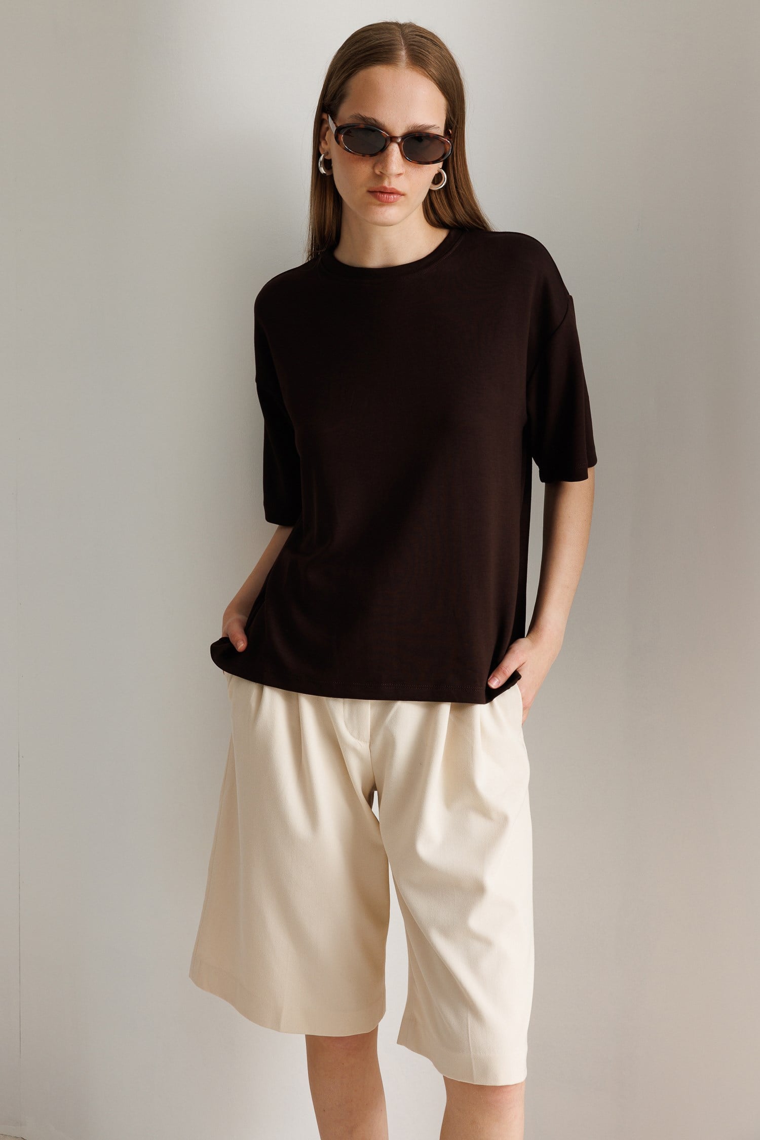 2101 Kadın Bisiklet Yaka Soft Oversize Basic Modal T-Shirt Kahve