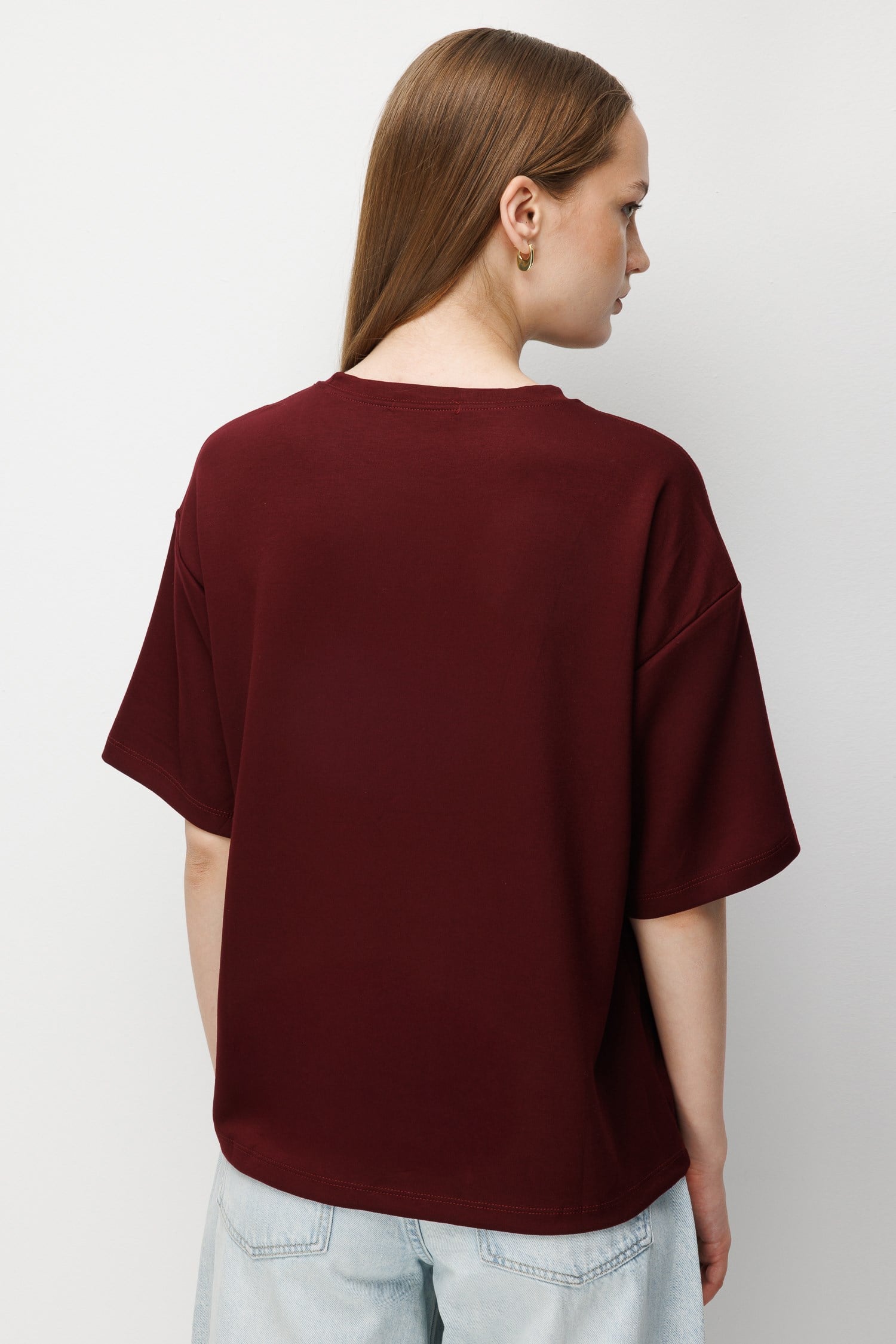 2101 Kadın Bisiklet Yaka Soft Oversize Basic Modal T-Shirt Bordo