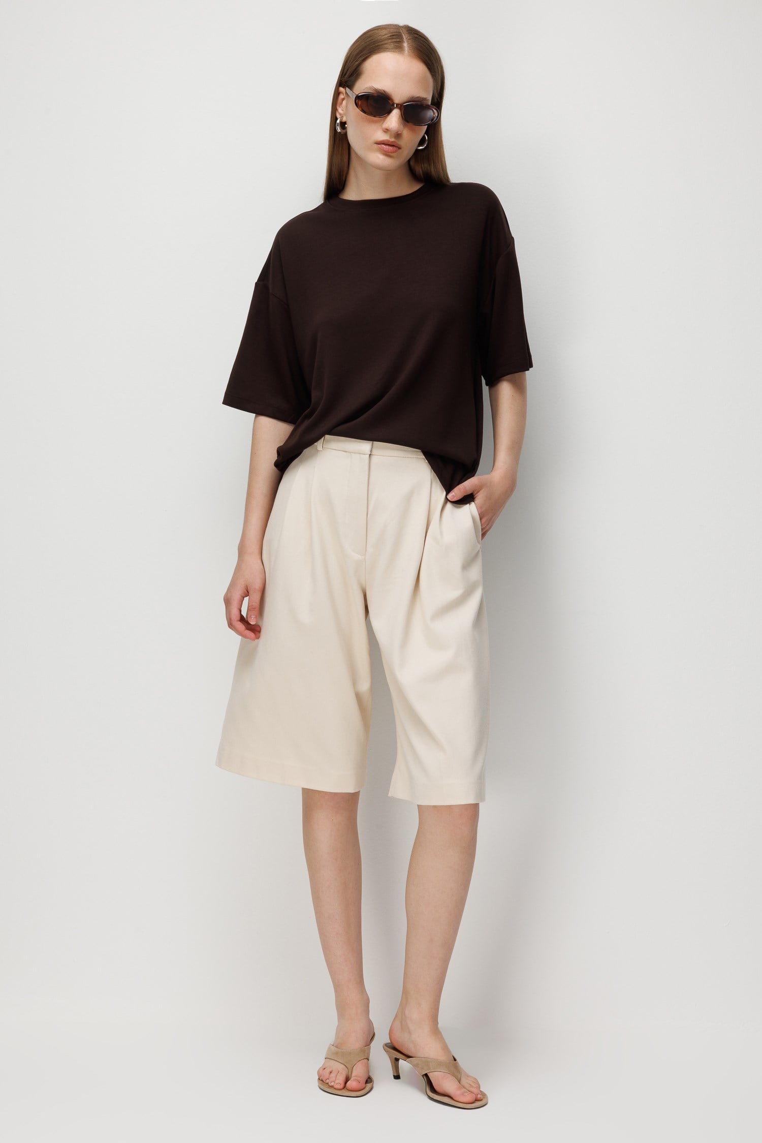 2101 Kadın Bisiklet Yaka Soft Oversize Basic Modal T-Shirt Kahve