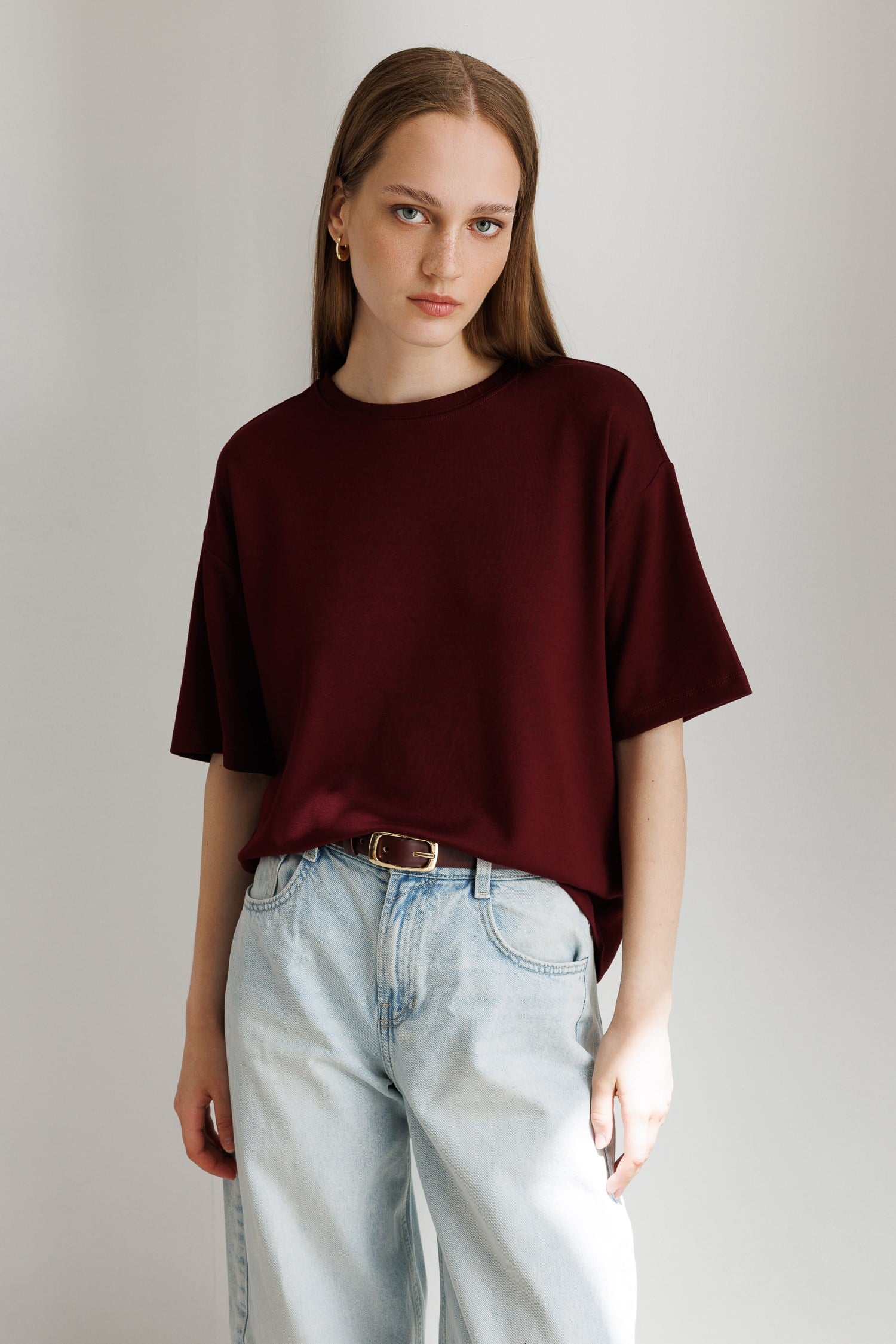 2101 Kadın Bisiklet Yaka Soft Oversize Basic Modal T-Shirt Bordo