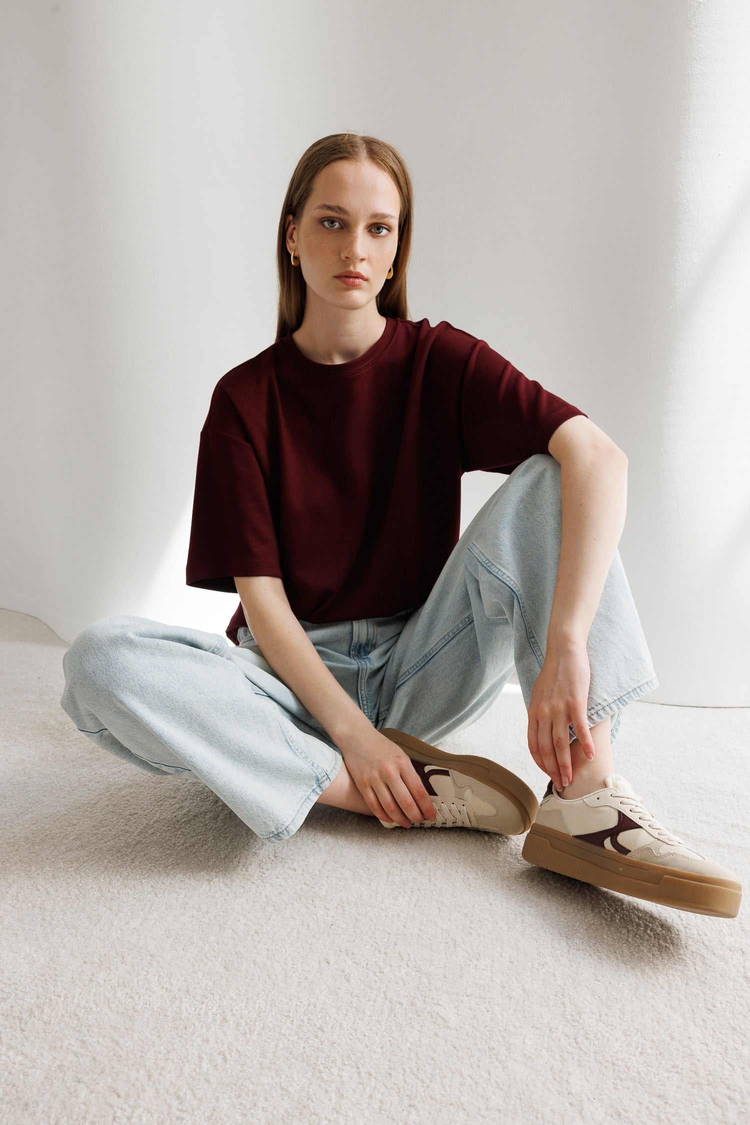 2101 Kadın Bisiklet Yaka Soft Oversize Basic Modal T-Shirt Bordo