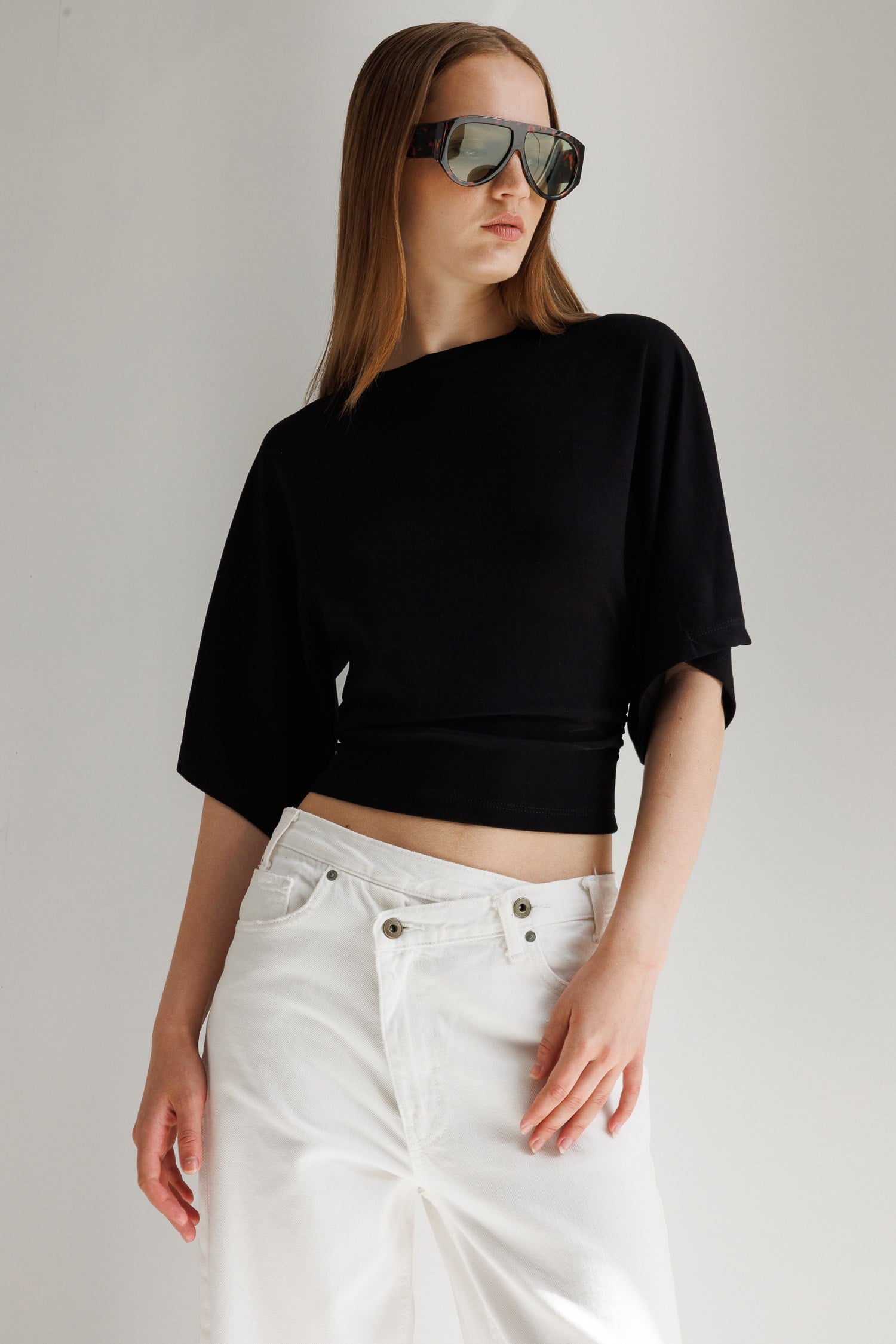 2102 Kadın Modal Büzgü Detaylı Dökümlü Soft T-Shirt Siyah