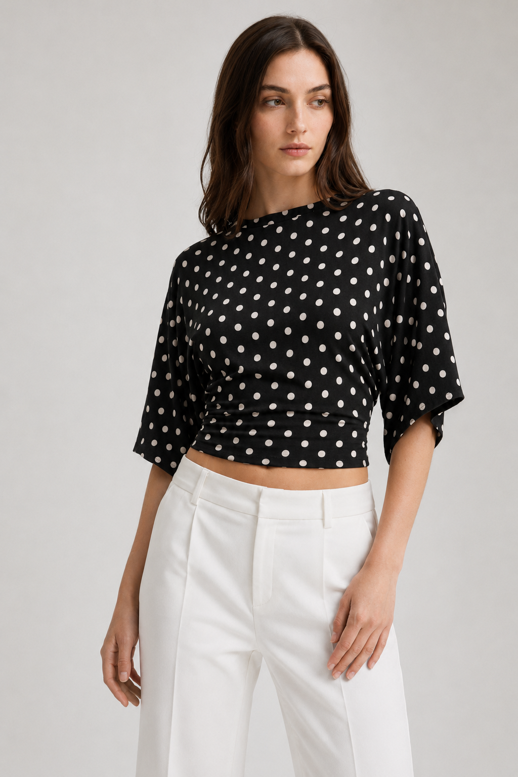 2102 Kadın Modal Büzgü Detaylı Dökümlü Soft T-Shirt Puantiyeli Siyah