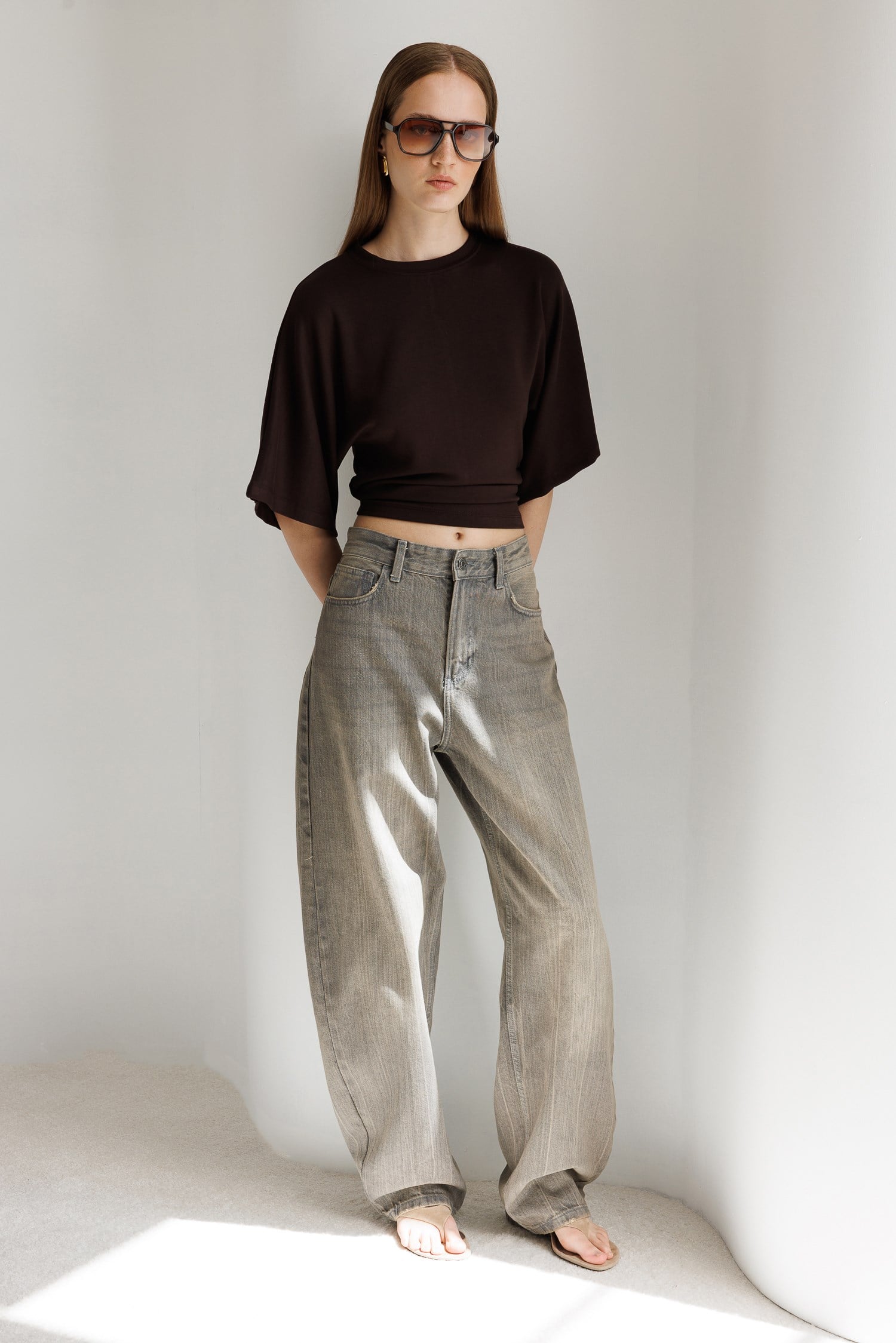 2102 Kadın Modal Büzgü Detaylı Dökümlü Soft T-Shirt Kahve