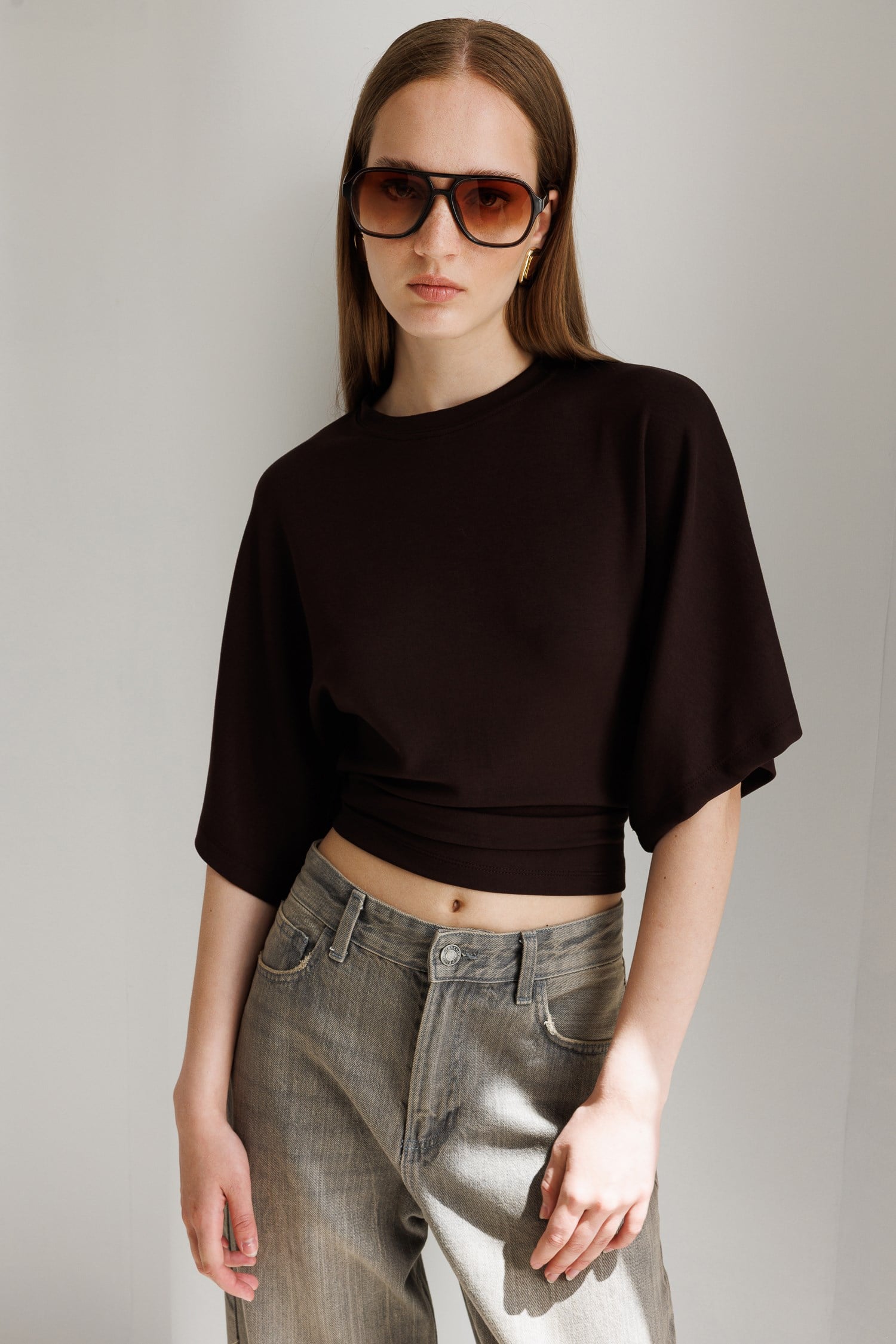 2102 Kadın Modal Büzgü Detaylı Dökümlü Soft T-Shirt Kahve