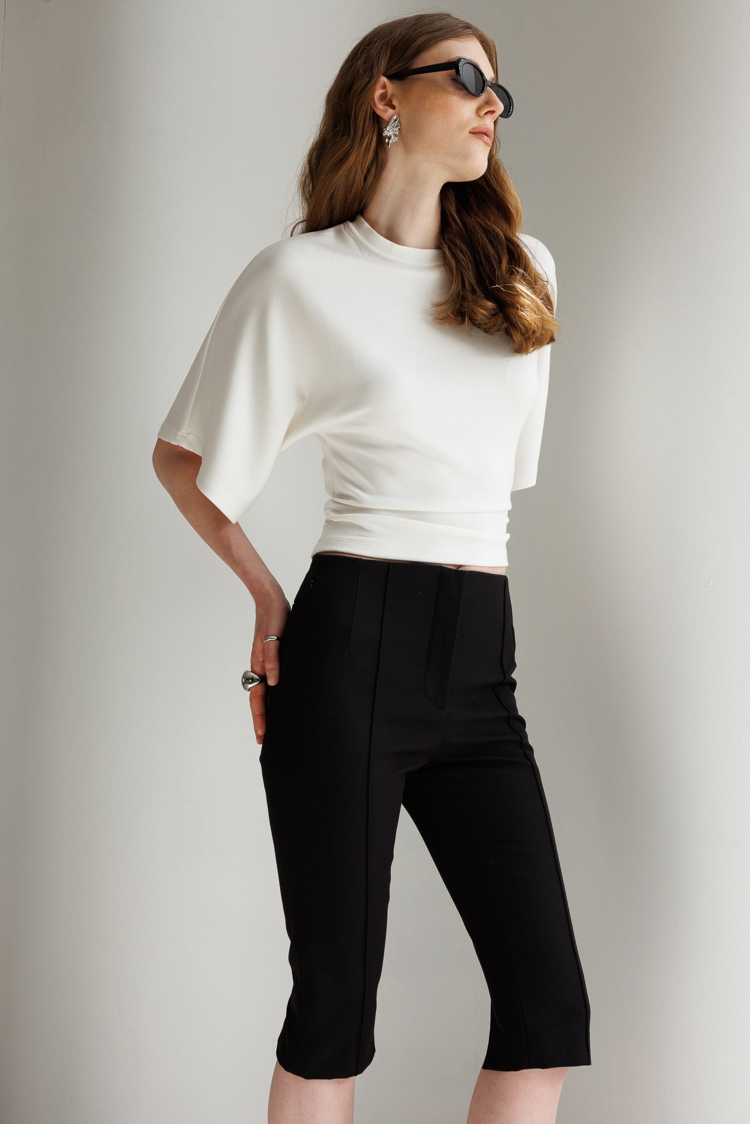 2102 Kadın Modal Büzgü Detaylı Dökümlü Soft T-Shirt Beyaz