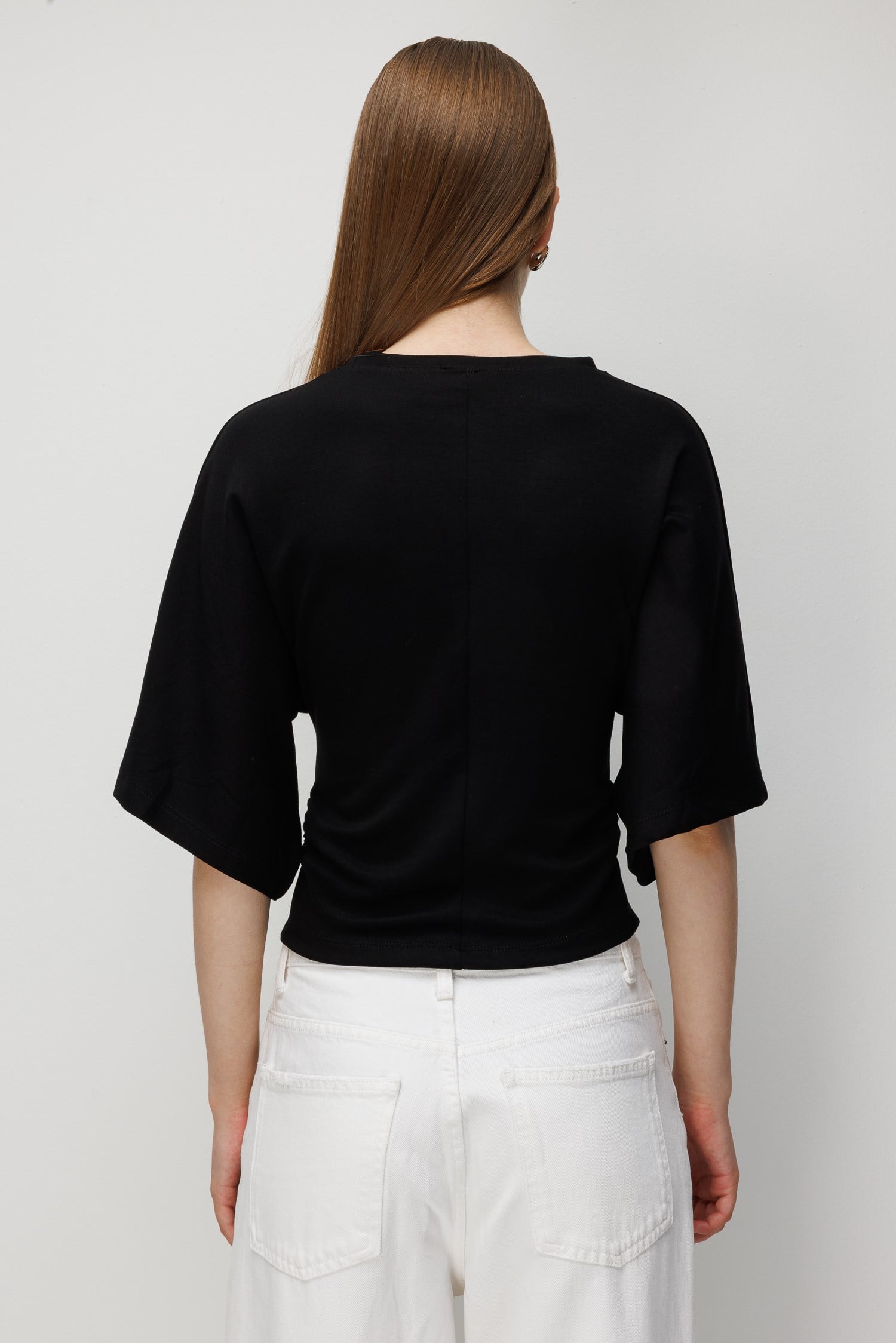 2102 Kadın Modal Büzgü Detaylı Dökümlü Soft T-Shirt Siyah