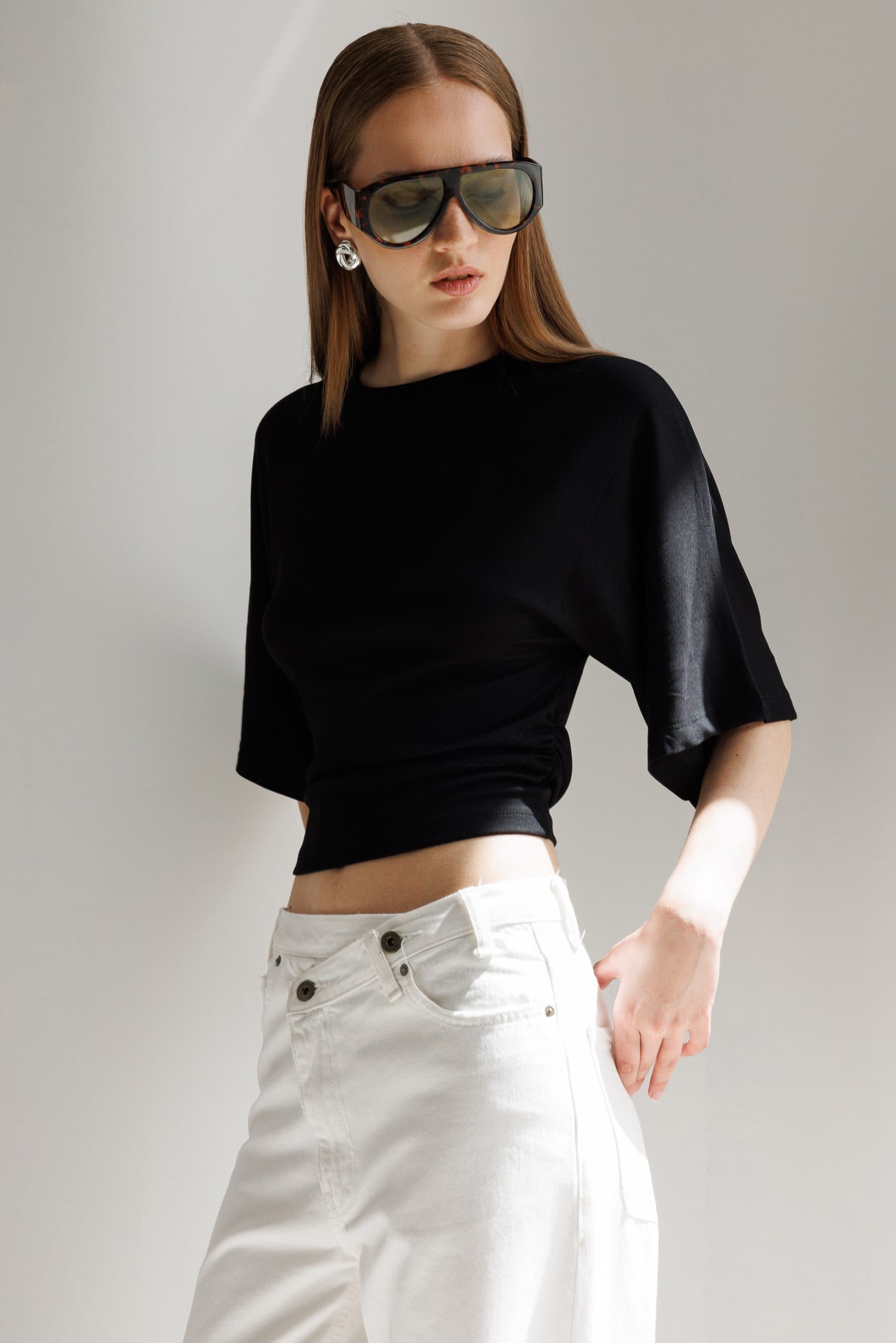 2102 Kadın Modal Büzgü Detaylı Dökümlü Soft T-Shirt Siyah