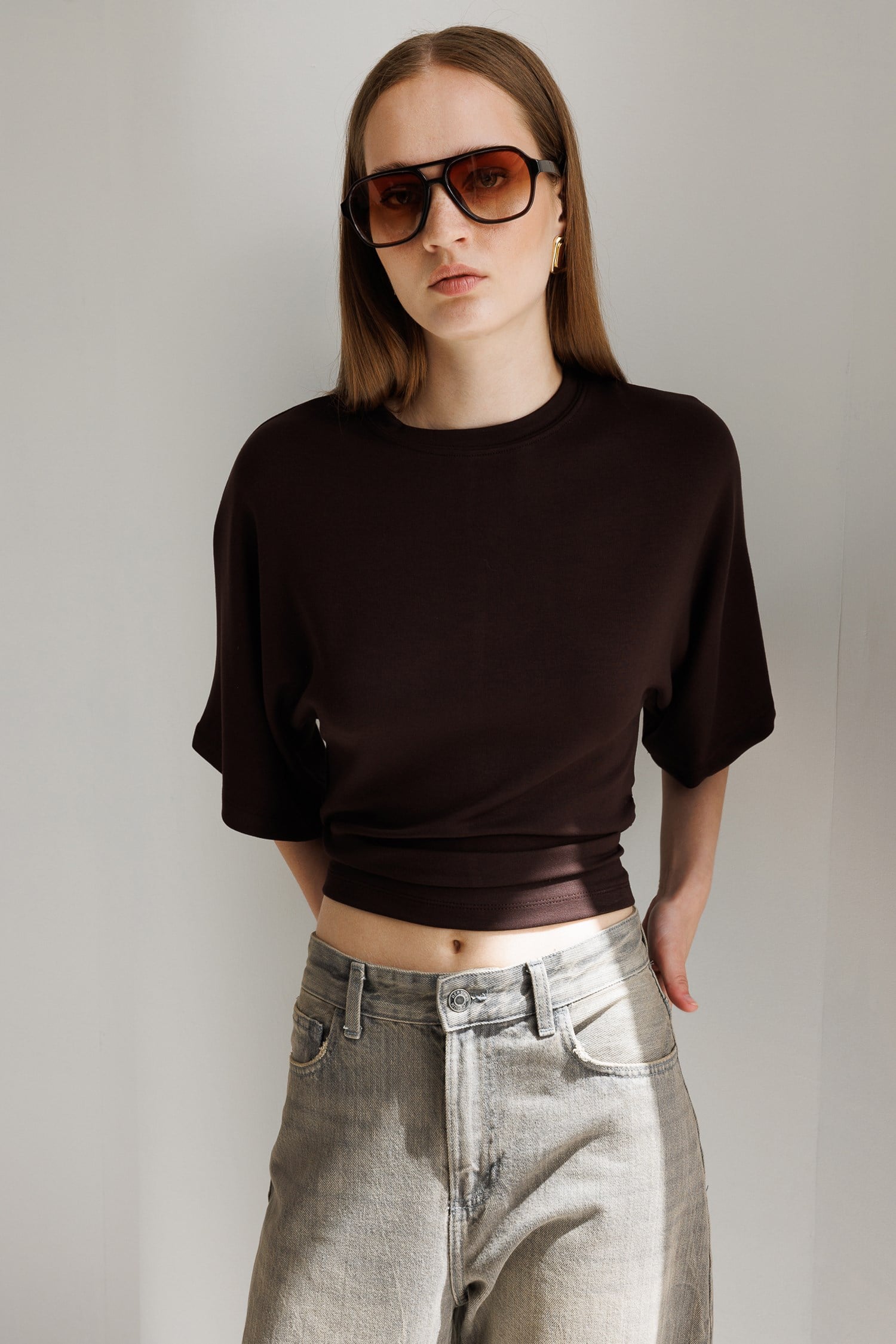 2102 Kadın Modal Büzgü Detaylı Dökümlü Soft T-Shirt Kahve