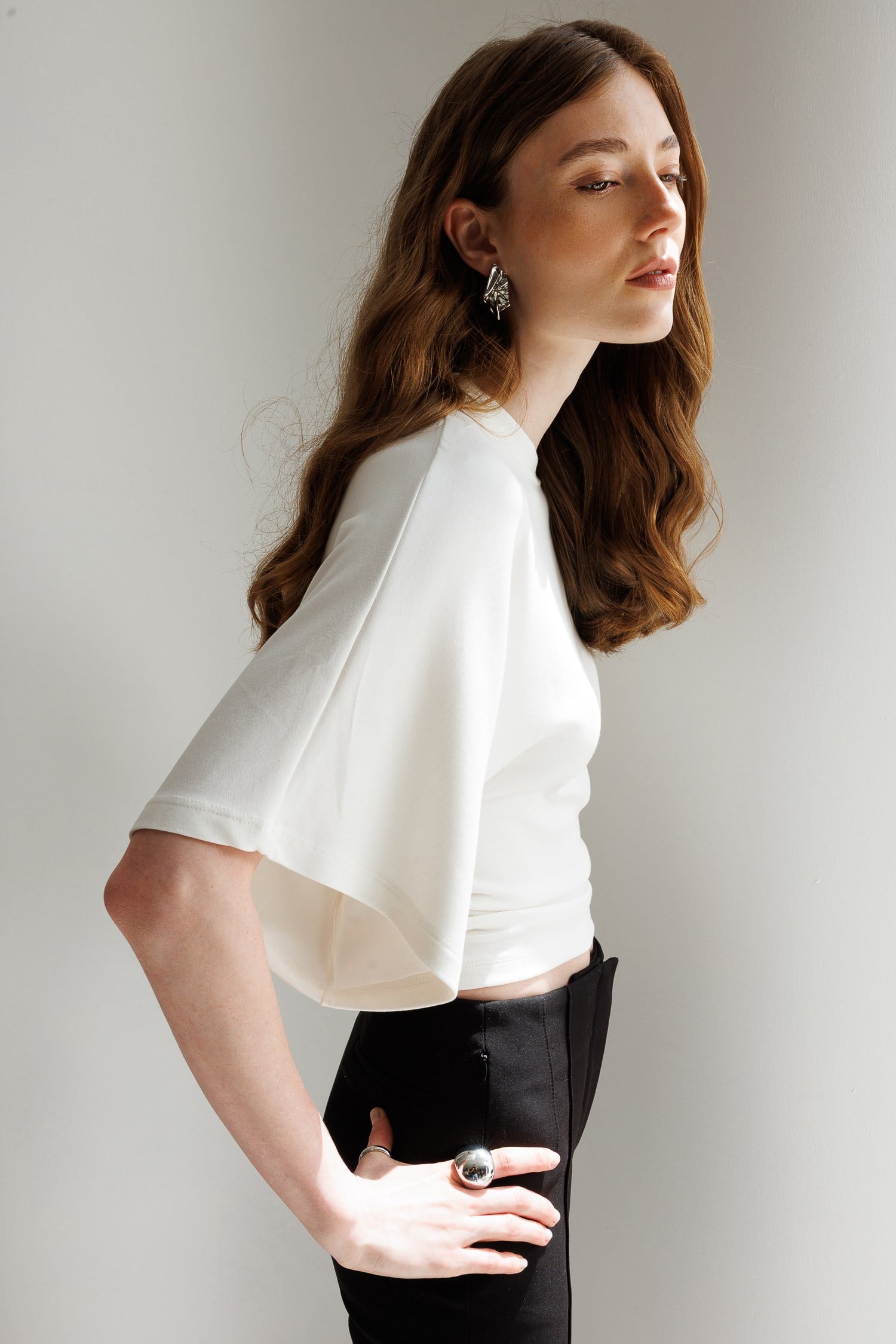 2102 Kadın Modal Büzgü Detaylı Dökümlü Soft T-Shirt Beyaz